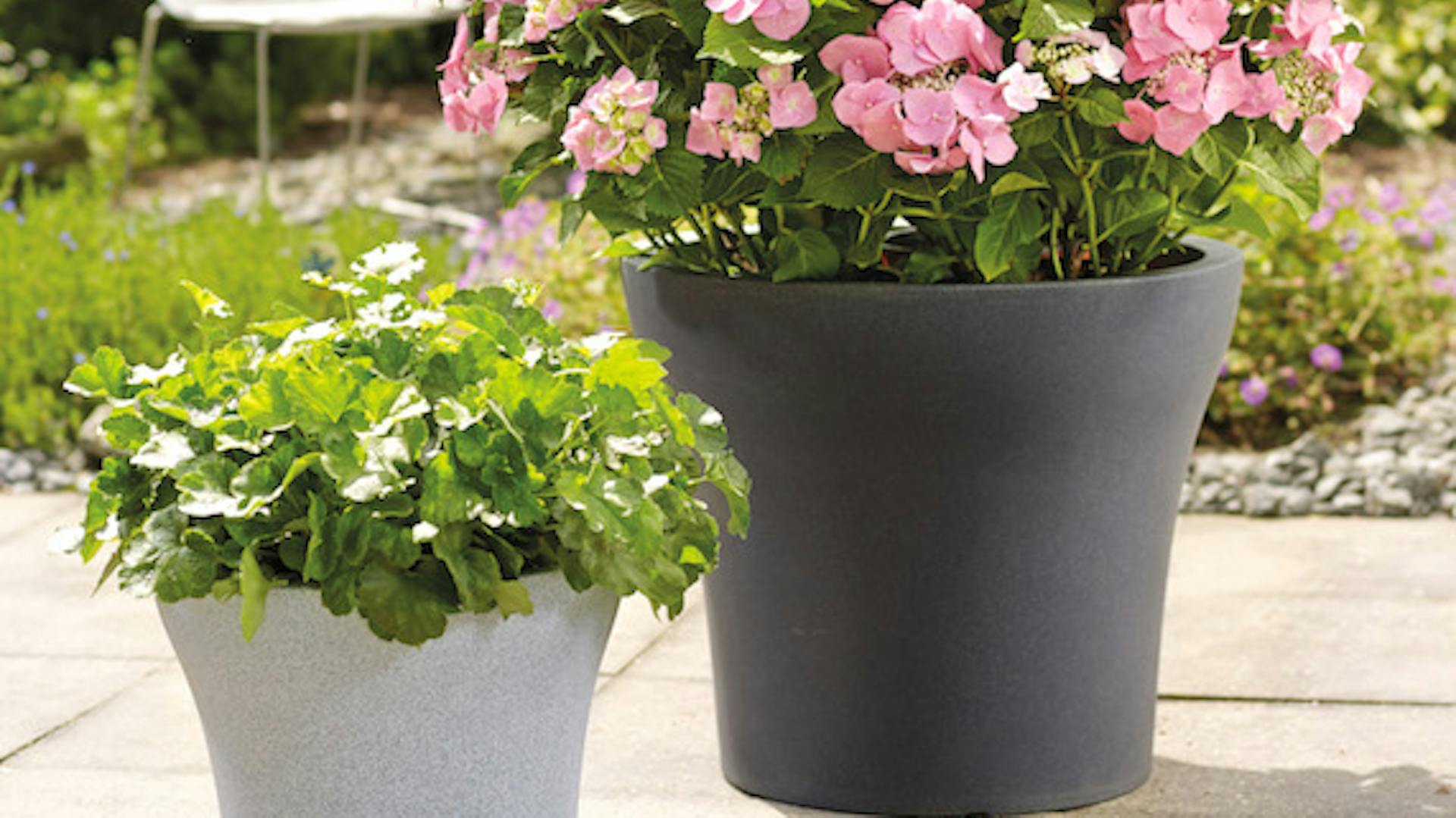 Outdoor-Pflanzgefäße in Grau mit Pflanzen drin stehen auf der Terrasse.