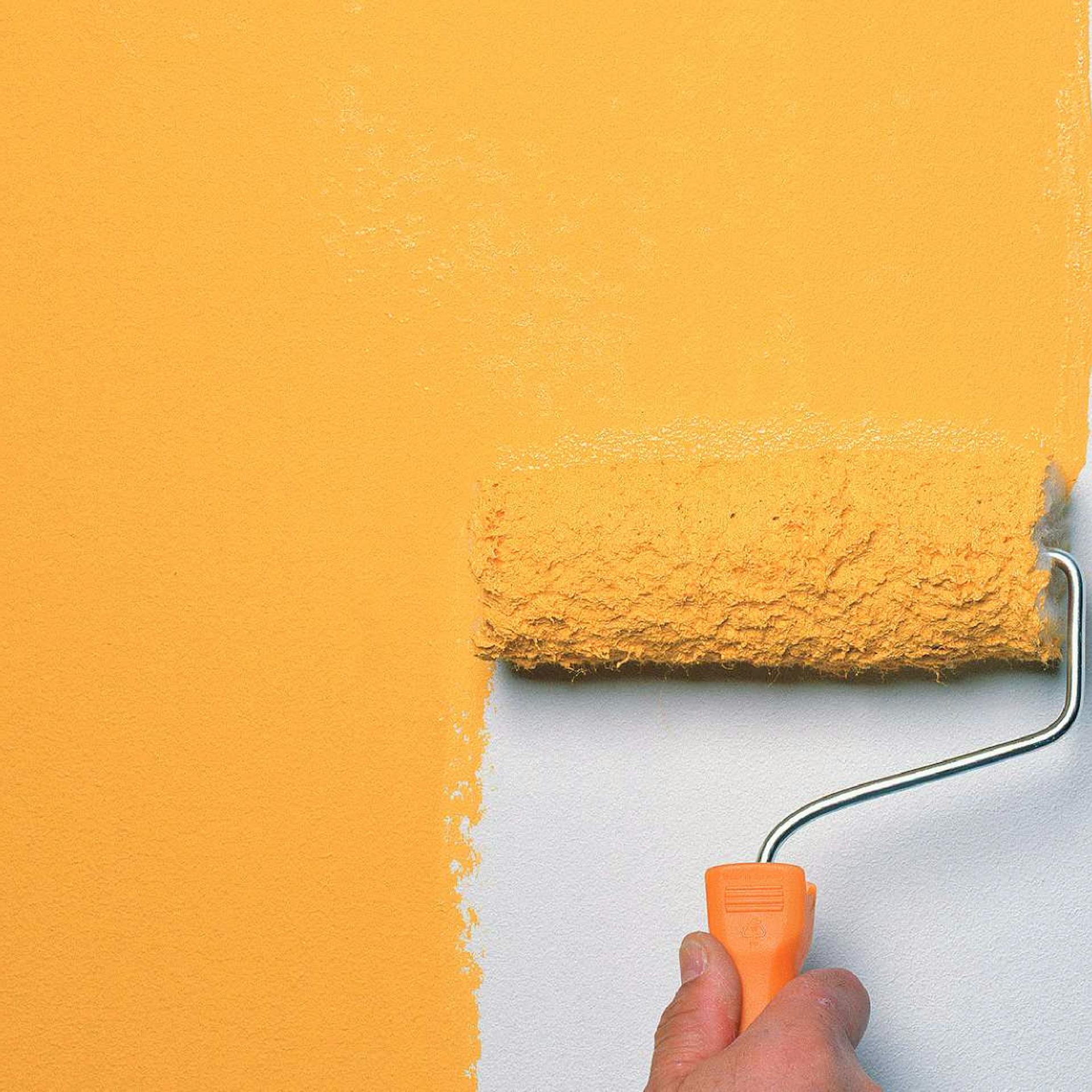 Innenwand wird mit Farbroller in oranger Farbe gestrichen.