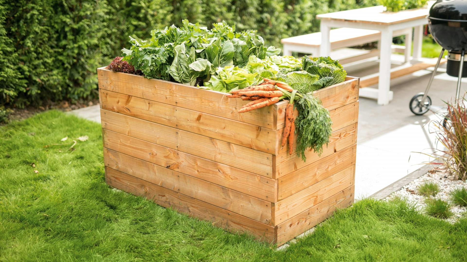 Fából készült magaságyás zöldségekkel a kertben, a teraszon fehér asztallal és grillezővel