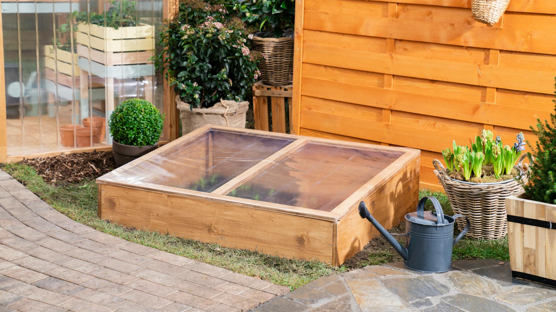 Semenzaio fai da te con piante, sistemato in giardino