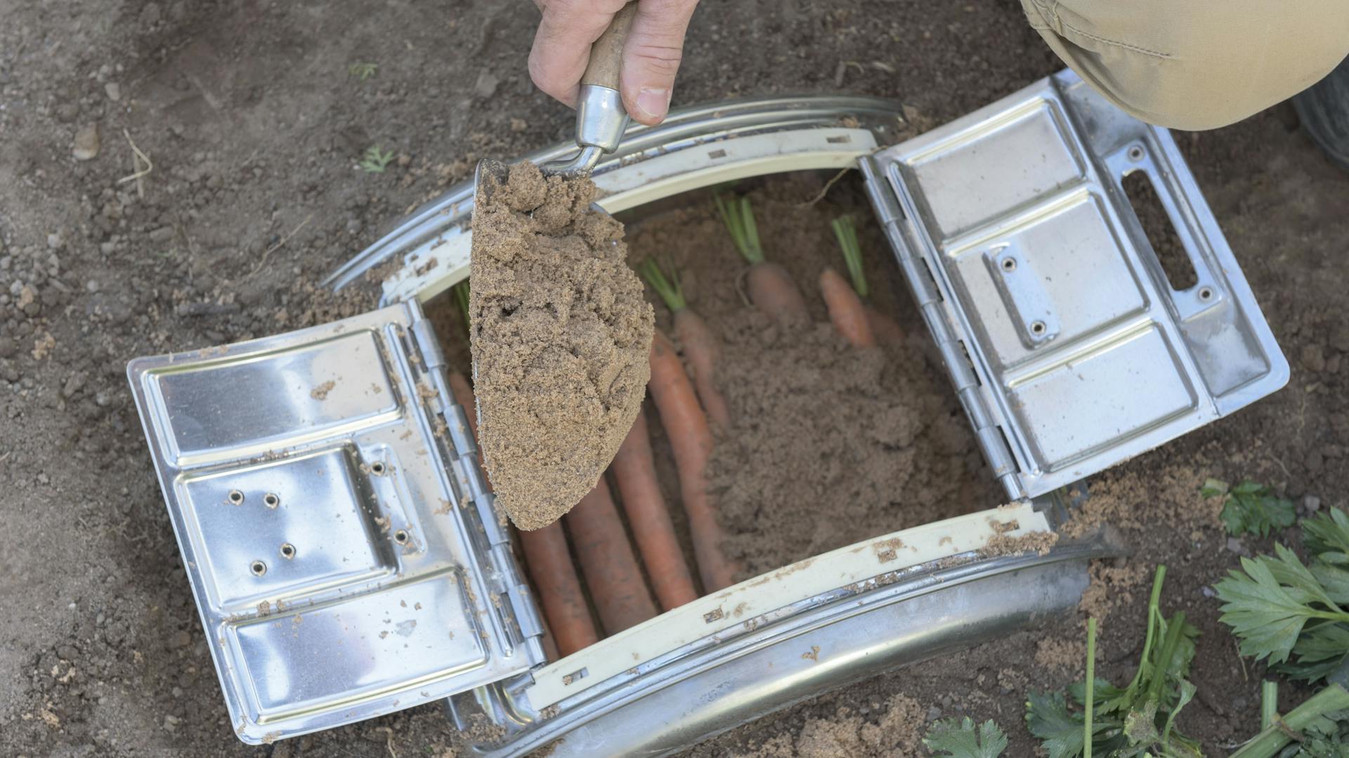 Eine Person füllt eine eingegrabene alte Waschmaschinentrommel mit Erde. In der Trommel befinden sich Karotten.