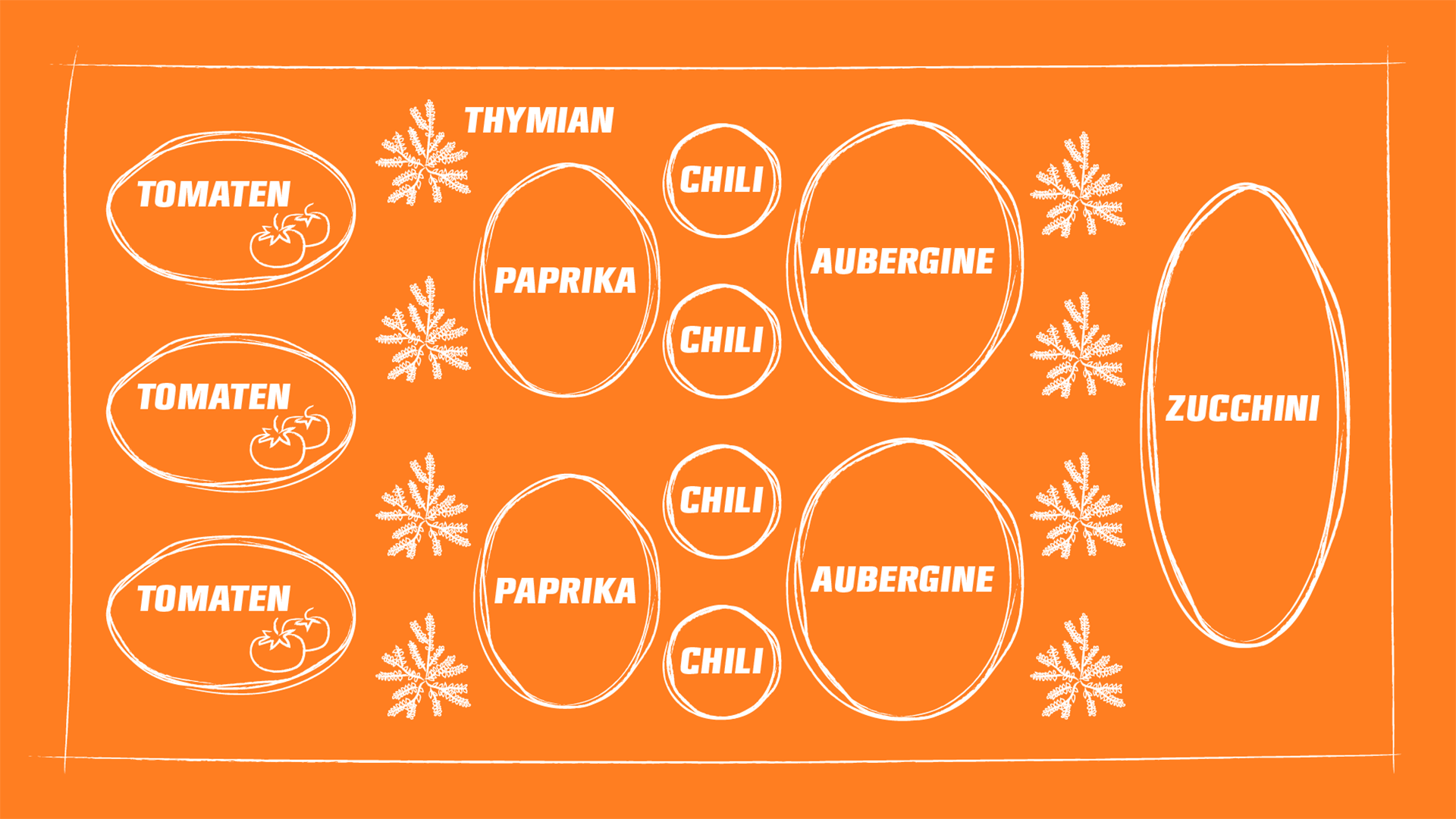 Übersichtsgrafik wie Tomaten,Thymian, Chili, Aubergine, Paprika und Zucchini zusammen angepflanzt werden können