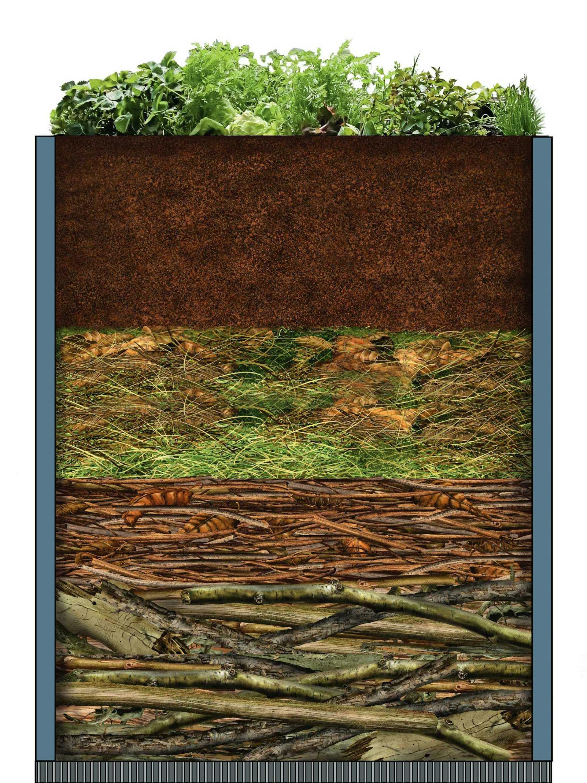 Sezione trasversale di un’aiuola rialzata per ortaggi composta da vari strati