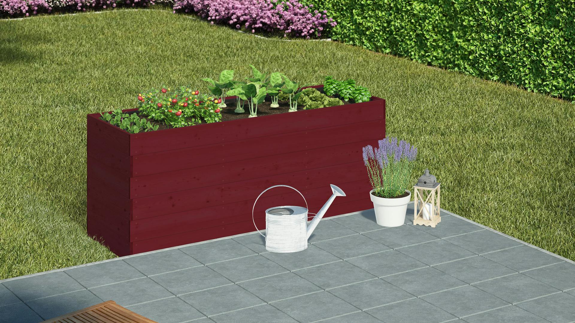 Ein rotes Hochbeet aus Holz mit Zierpflanzen