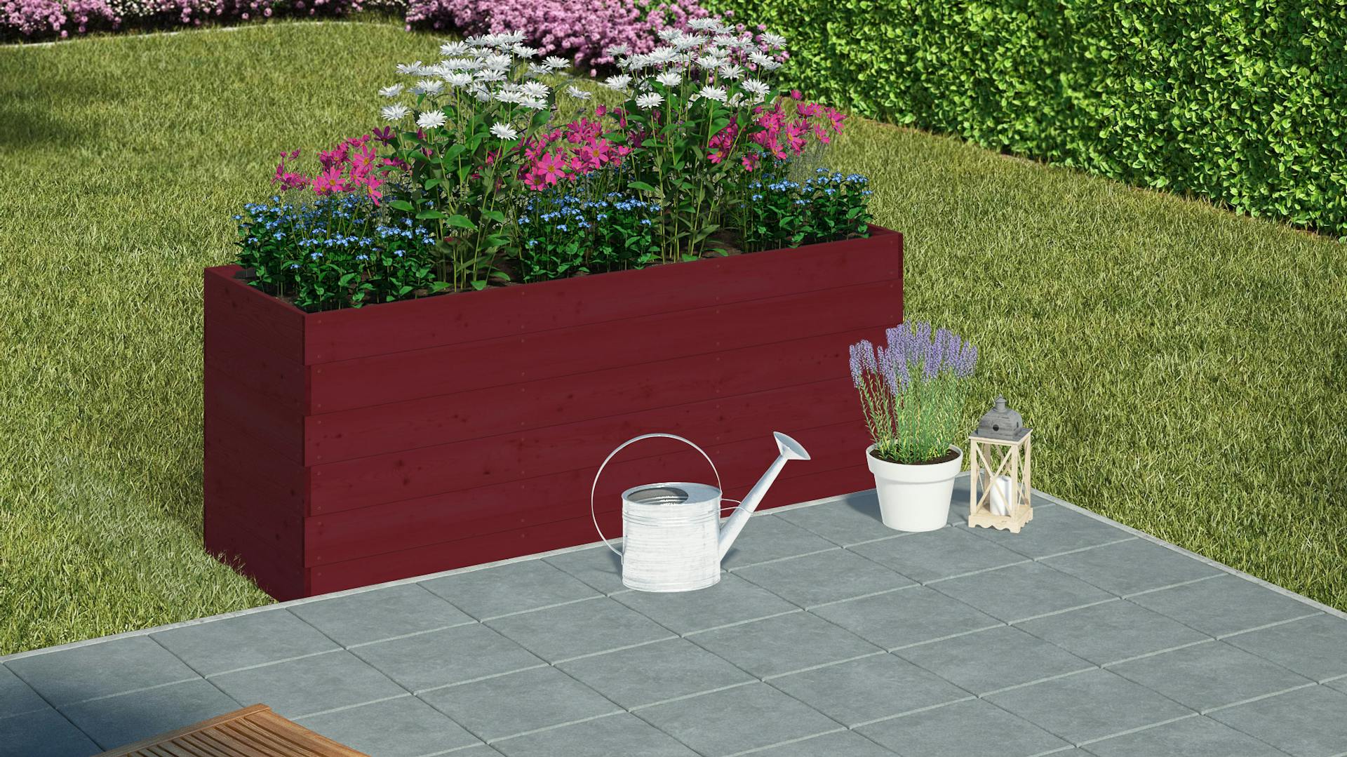 Ein rotes Hochbeet aus Holz mit Zierpflanzen