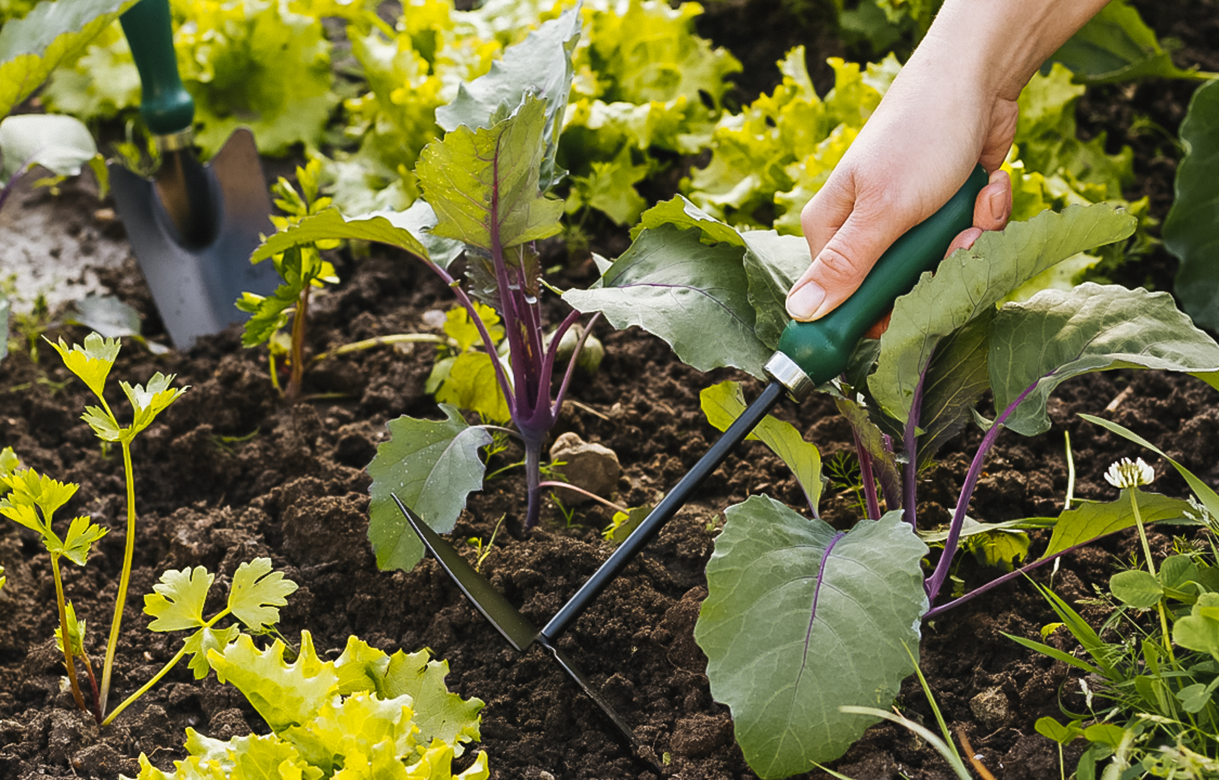Kézi gereblyézés a zöldségágyásban