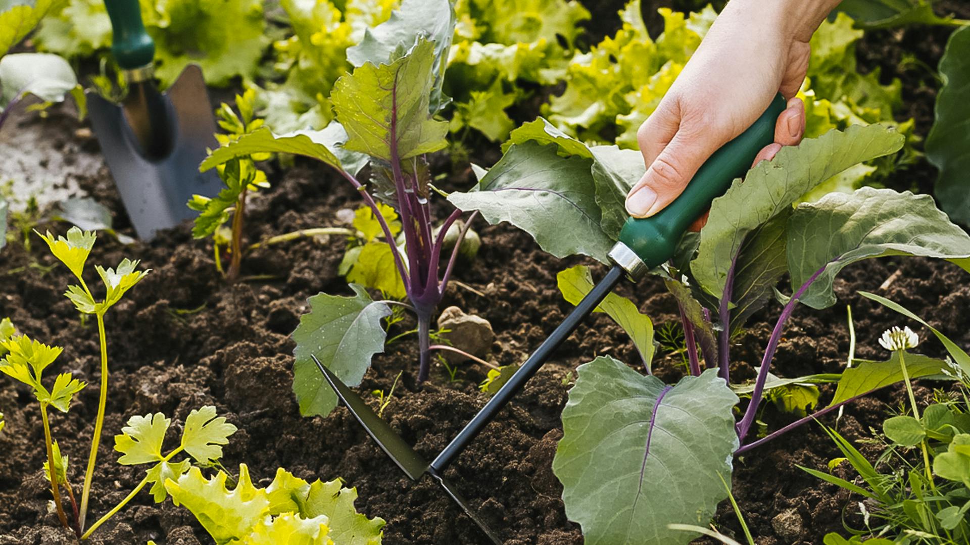 Hand harkt durch ein Gemüsebeet