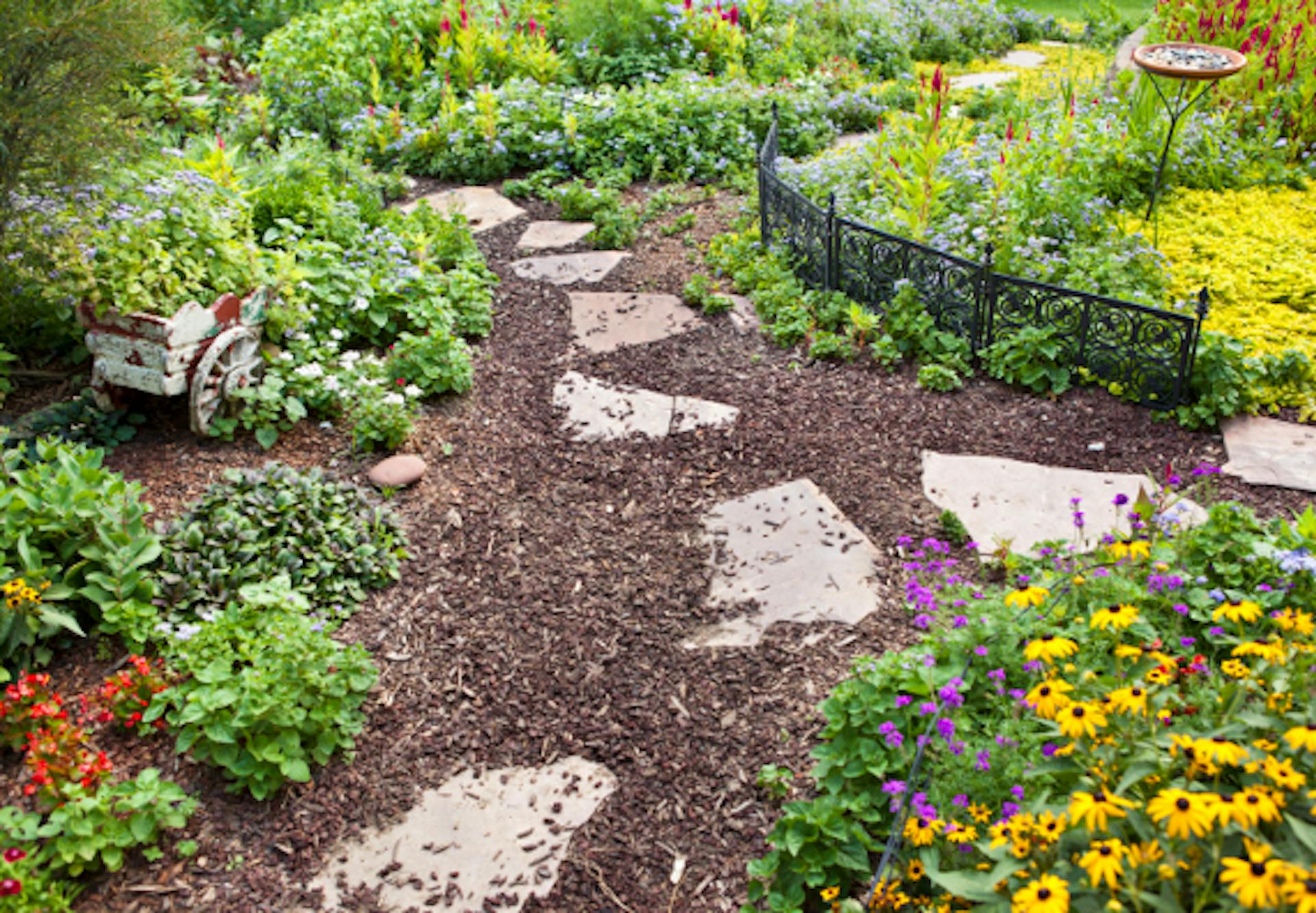 Kéregmulcsos kerti ösvény kövekkel.