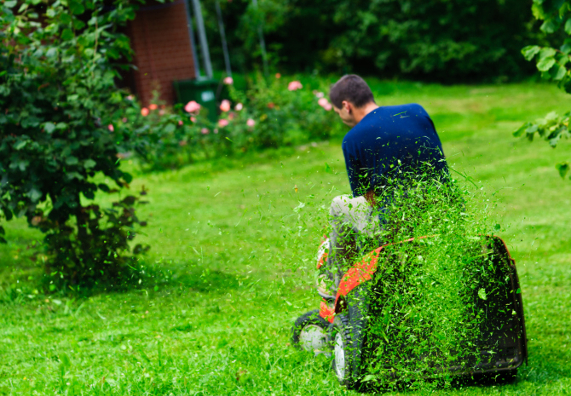 Egy hobbikertész fűnyíró traktorral nyírja a füvet