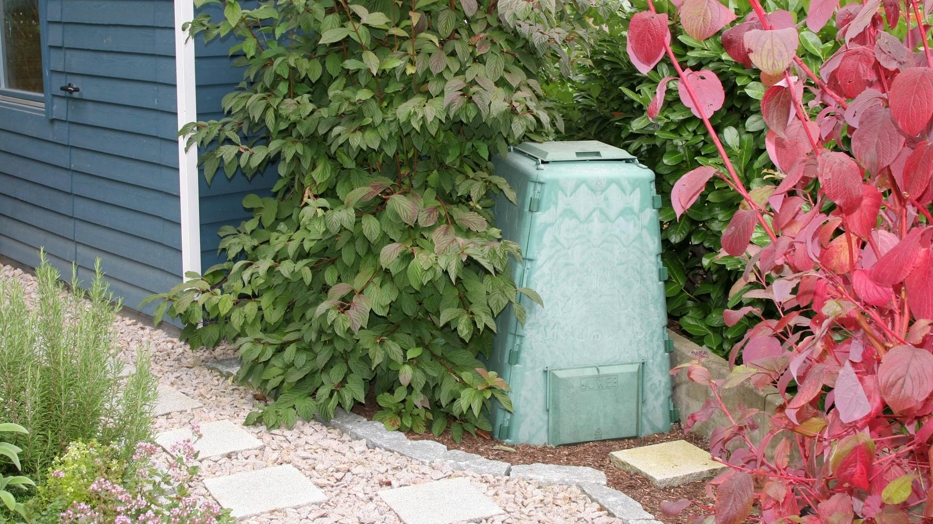 Thermokomposter umwachsen von einem Busch.