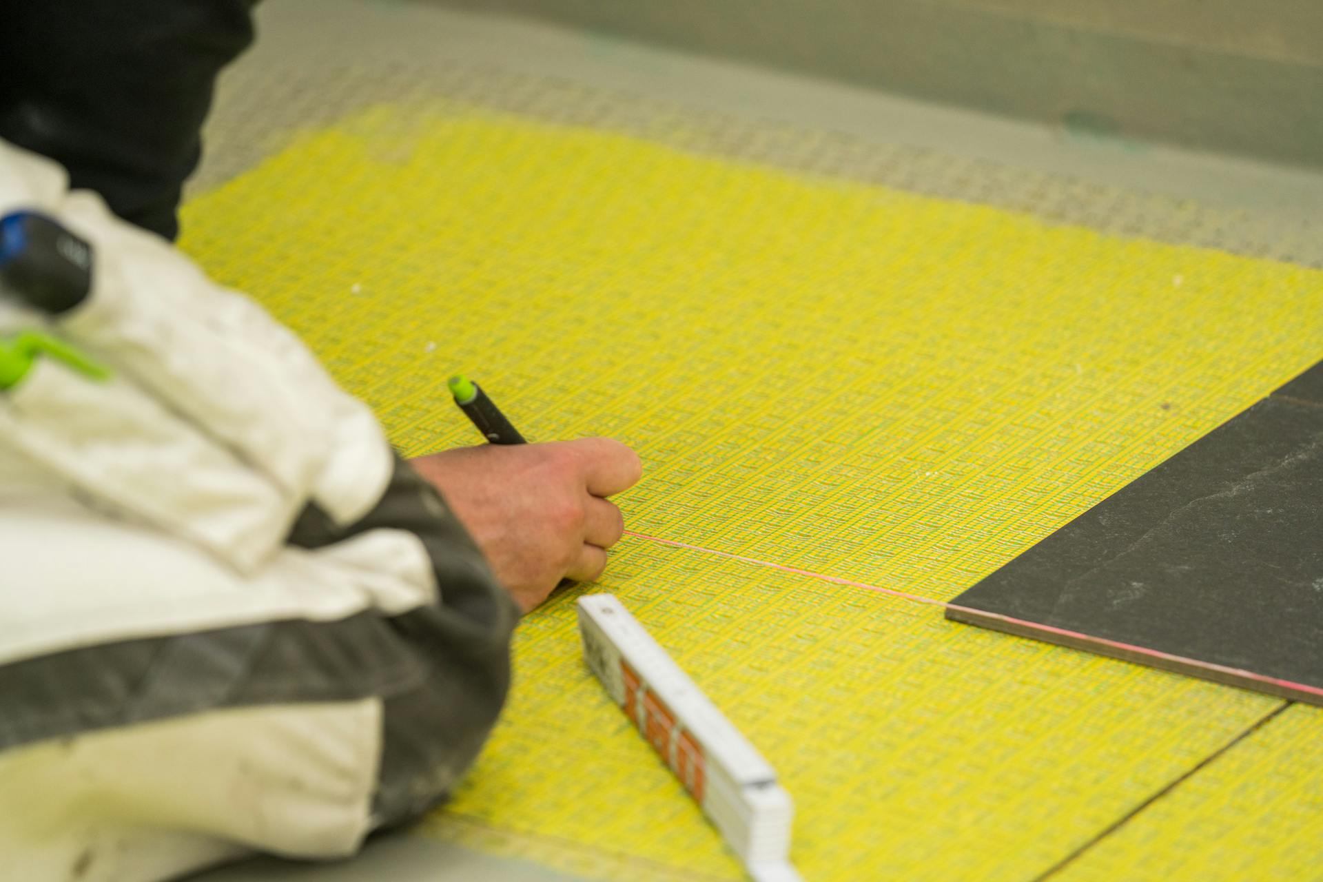 L’appassionato del fai da te segna l’andamento delle file di piastrelle con una corda per tracciare.