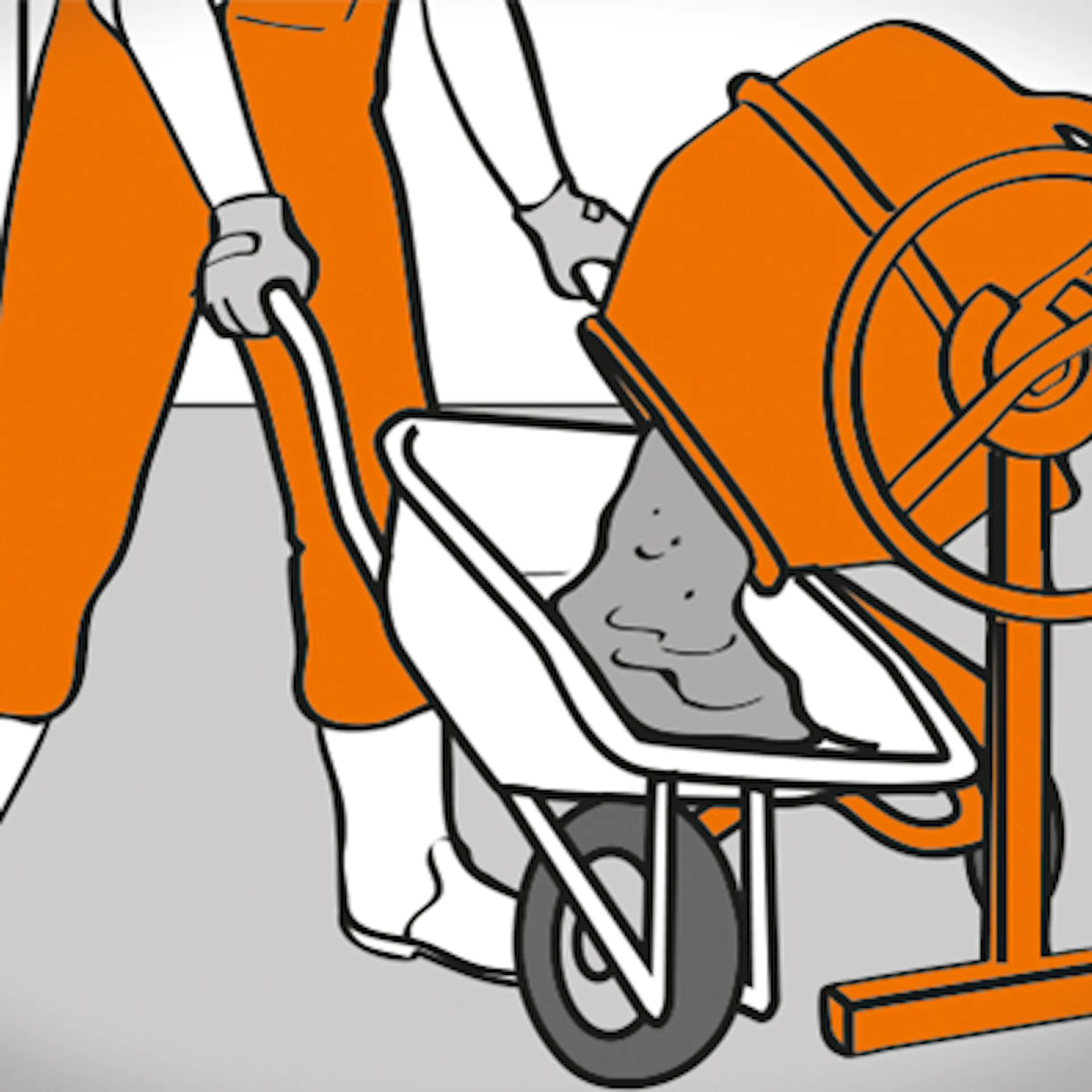 Heimwerker schüttet Estrich aus einer Betonmischmaschine in eine Schubkarre.