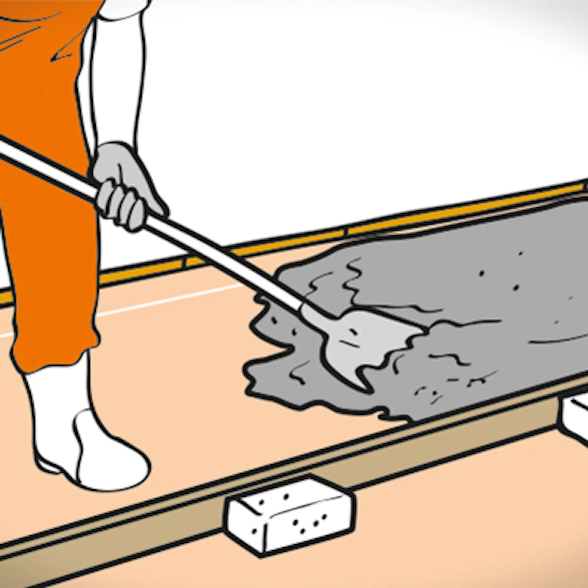Heimwerker verteilt Estrich mit Schaufel auf dem Boden. Dazu trägt er passende Arbeitskleidung, Handschuhe und Gummistiefel.