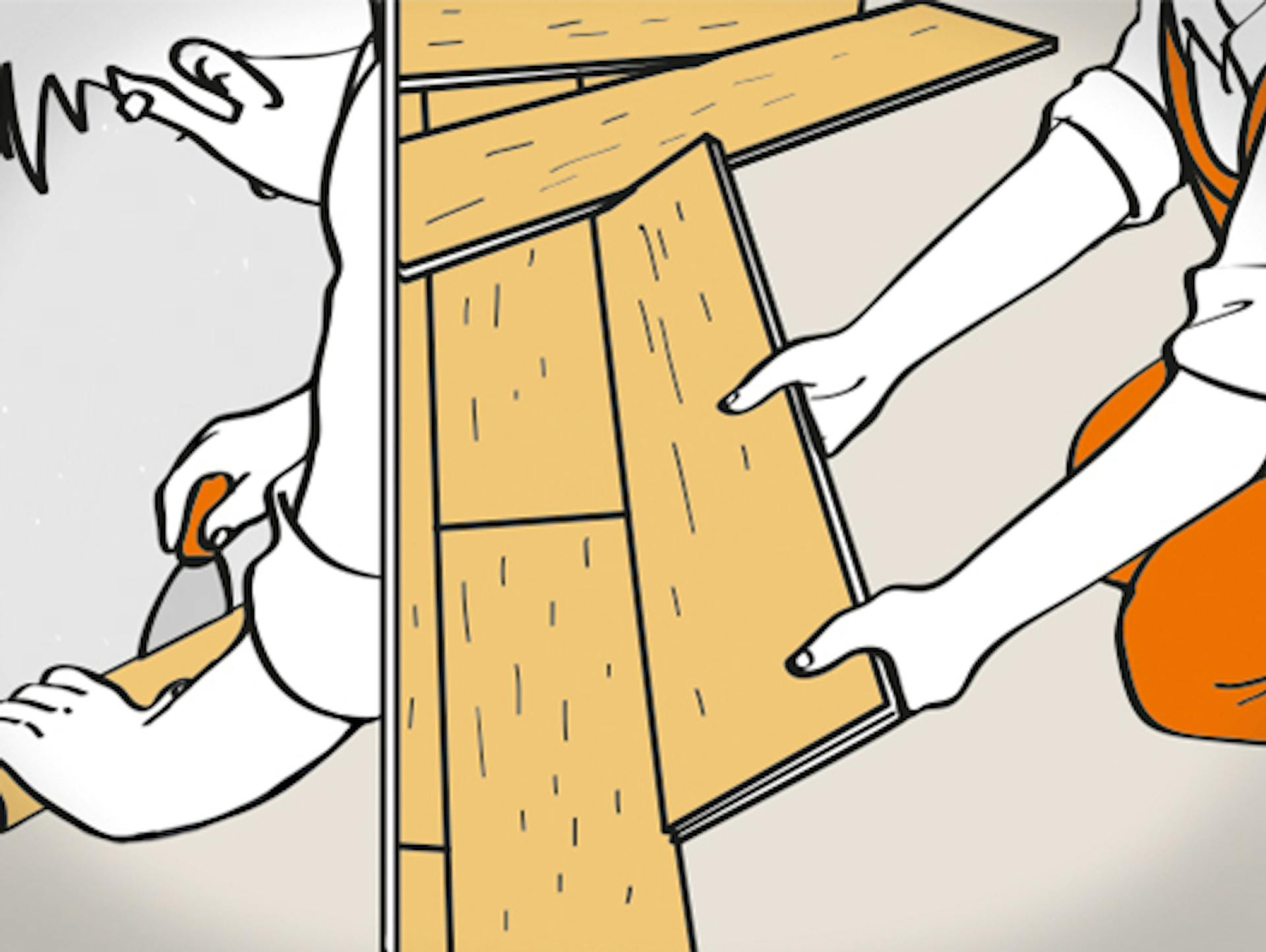 Heimwerker misst Abstände aus und tauscht dann eine Laminatdiele aus.