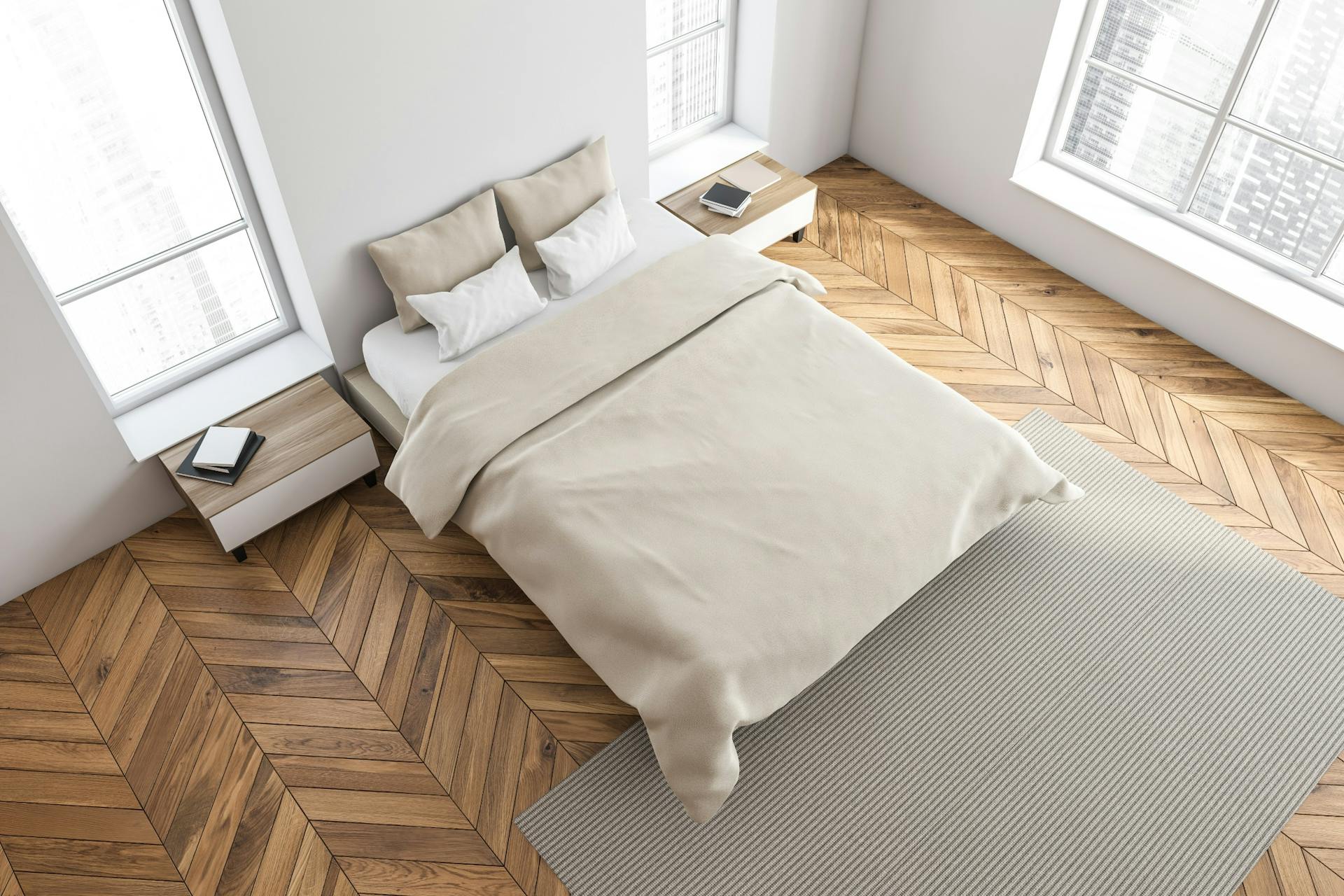 Halszálka kötésű parketta egy hálószobában