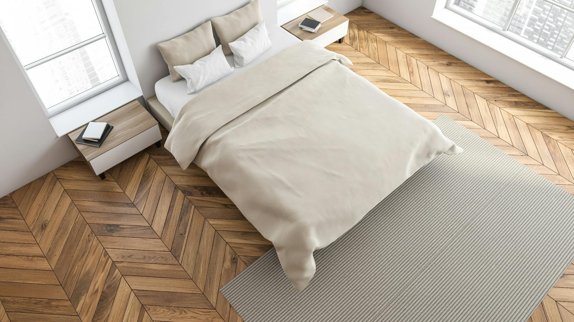 Parketová podlaha so vzorom rybej kosti v spálni