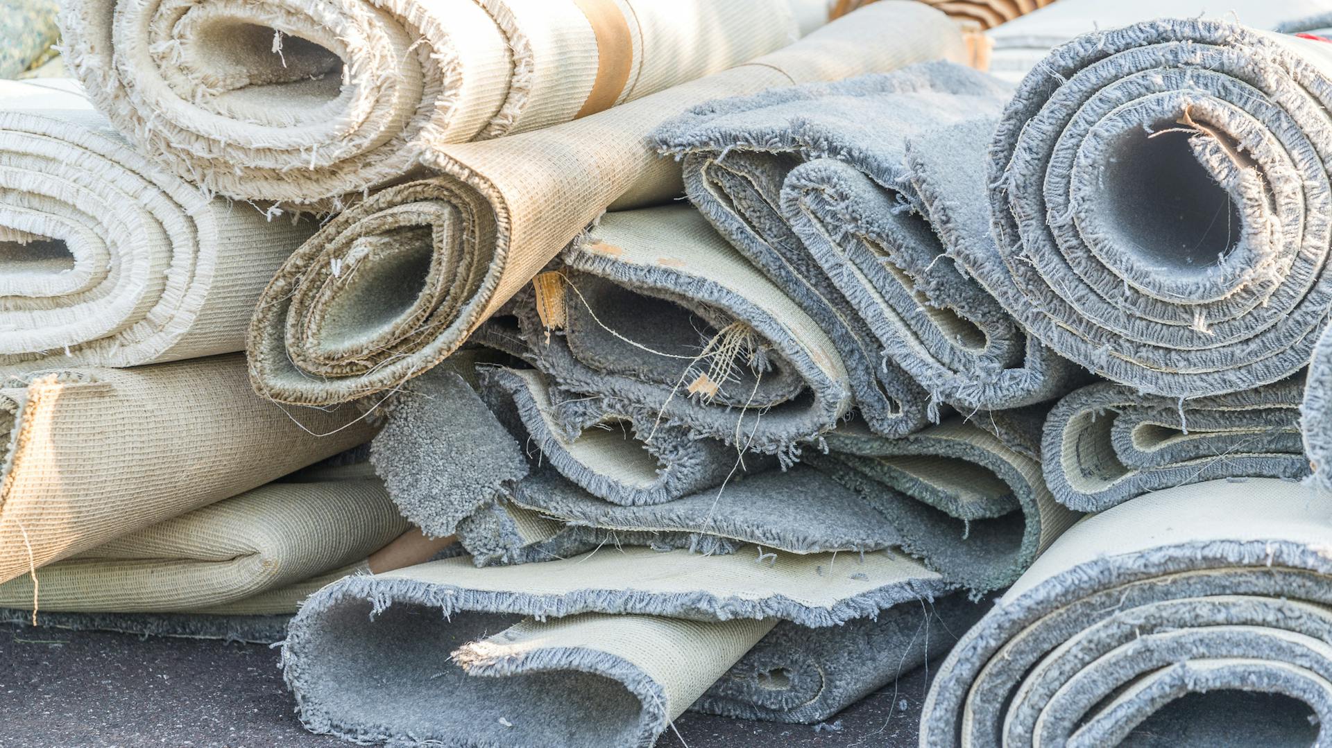 Ein Stapel alter, zusammengerollter Teppiche