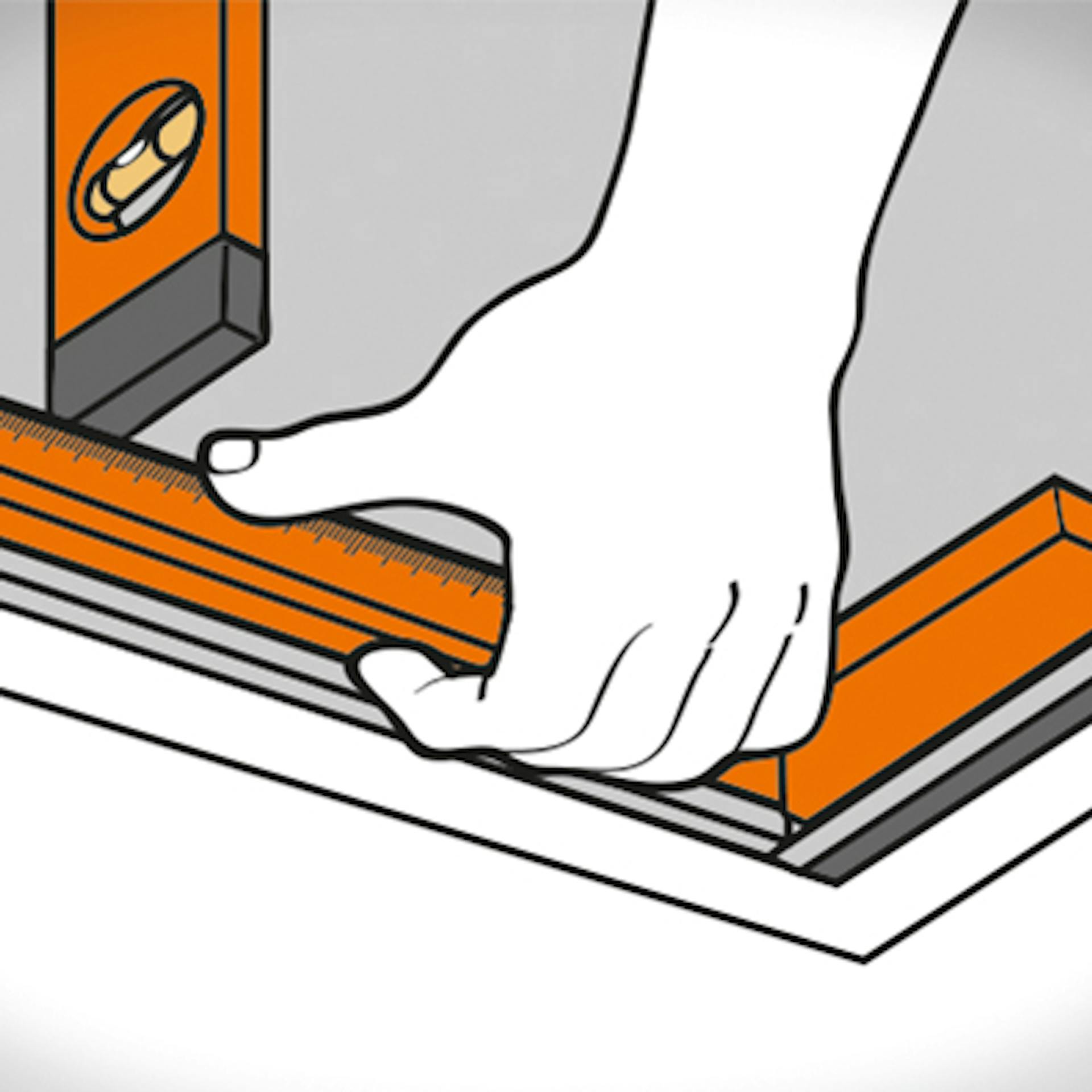 Heimwerker richtet Bodentreppe mit Winkel und Wasserwaage aus.