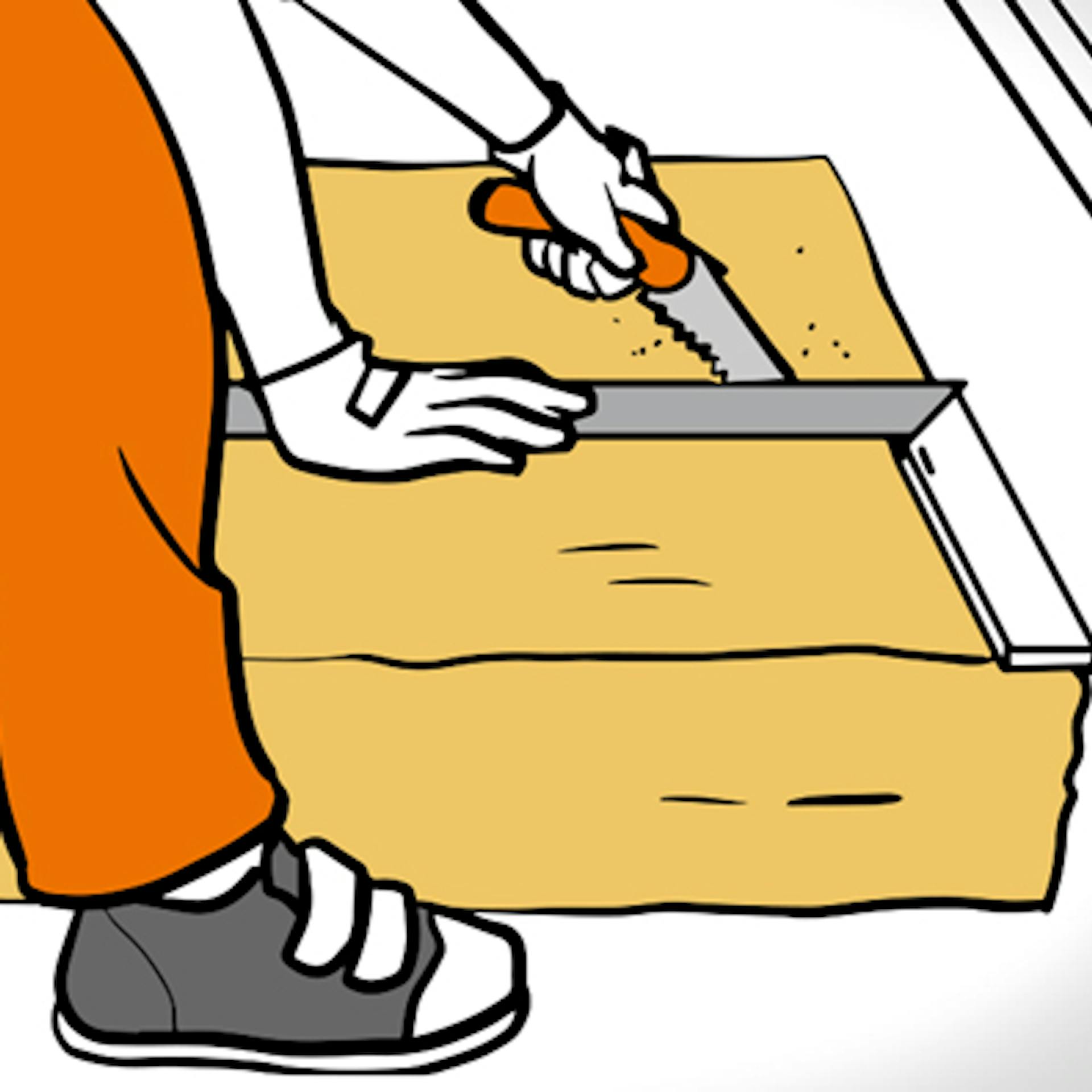 Dämmmaterial wird vom Heimwerker zum Dachdämmen mit Dämmstoffmesser und Winkel zugeschnitten.