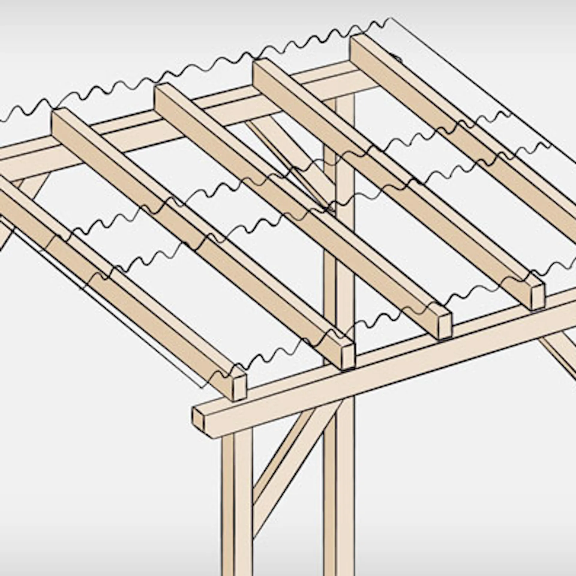 Dachstuhl mit Bedachungsmaterial.