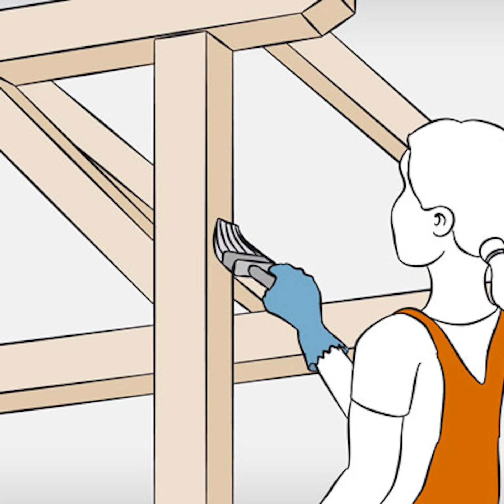 Heimwerkerin trägt Holzschutzlasur auf Holzkonstruktion auf.