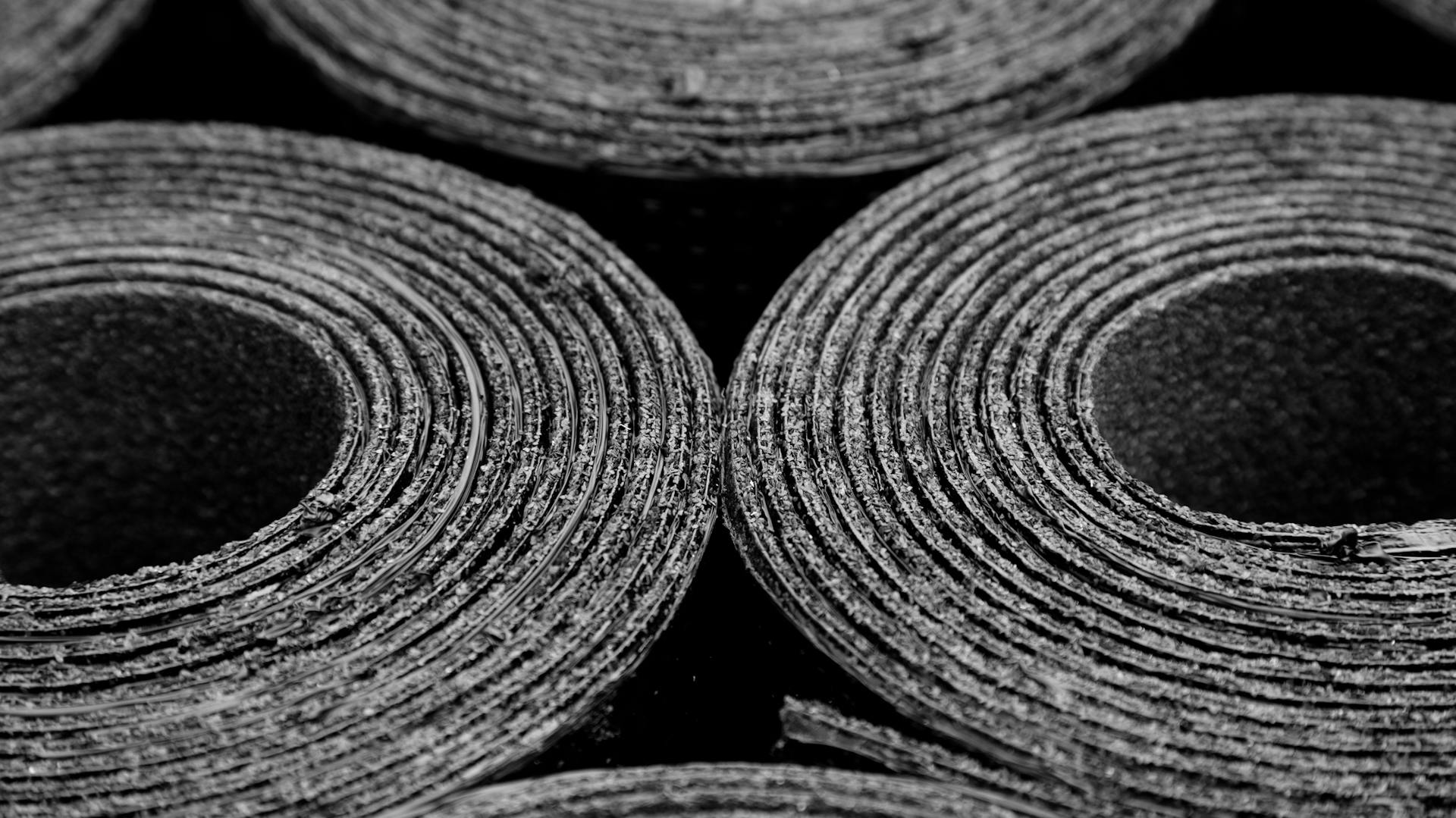 Několik rolí bitumenových svařovacích pásů je umístěno vedle sebe