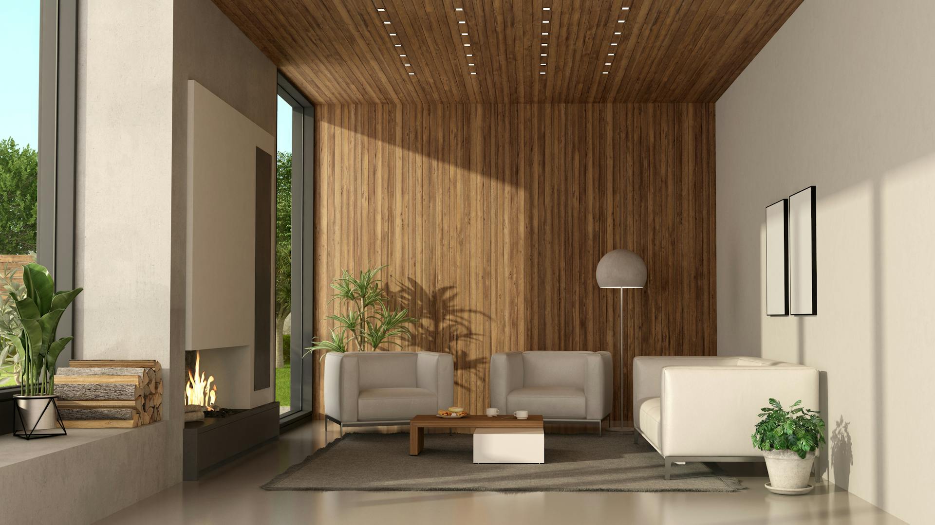 Helles Wohnzimmer mit Holzpaneele an der Decke und an einer Wand.