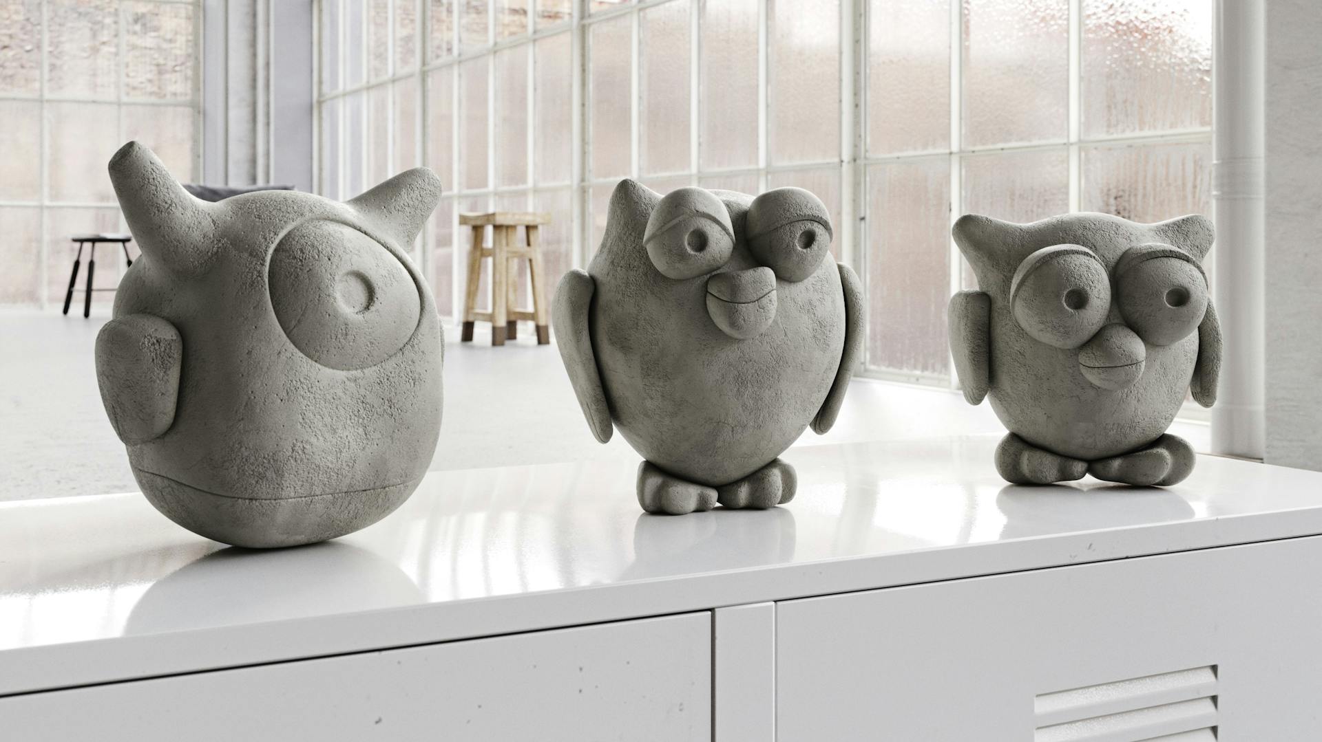 Eulenfiguren und Monsterfigur aus Knetbeton auf Büroschrank an Fenster