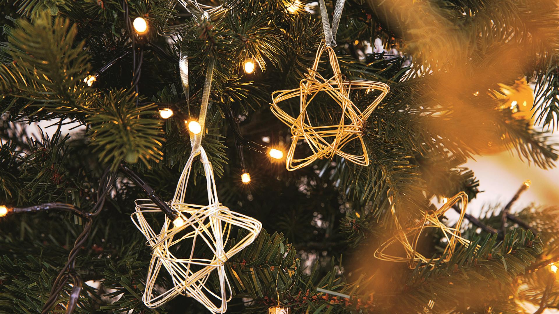 Gebastelte Drahtsterne hängen als Baumschmuck mit Lichterkette am Weihnachtsbaum