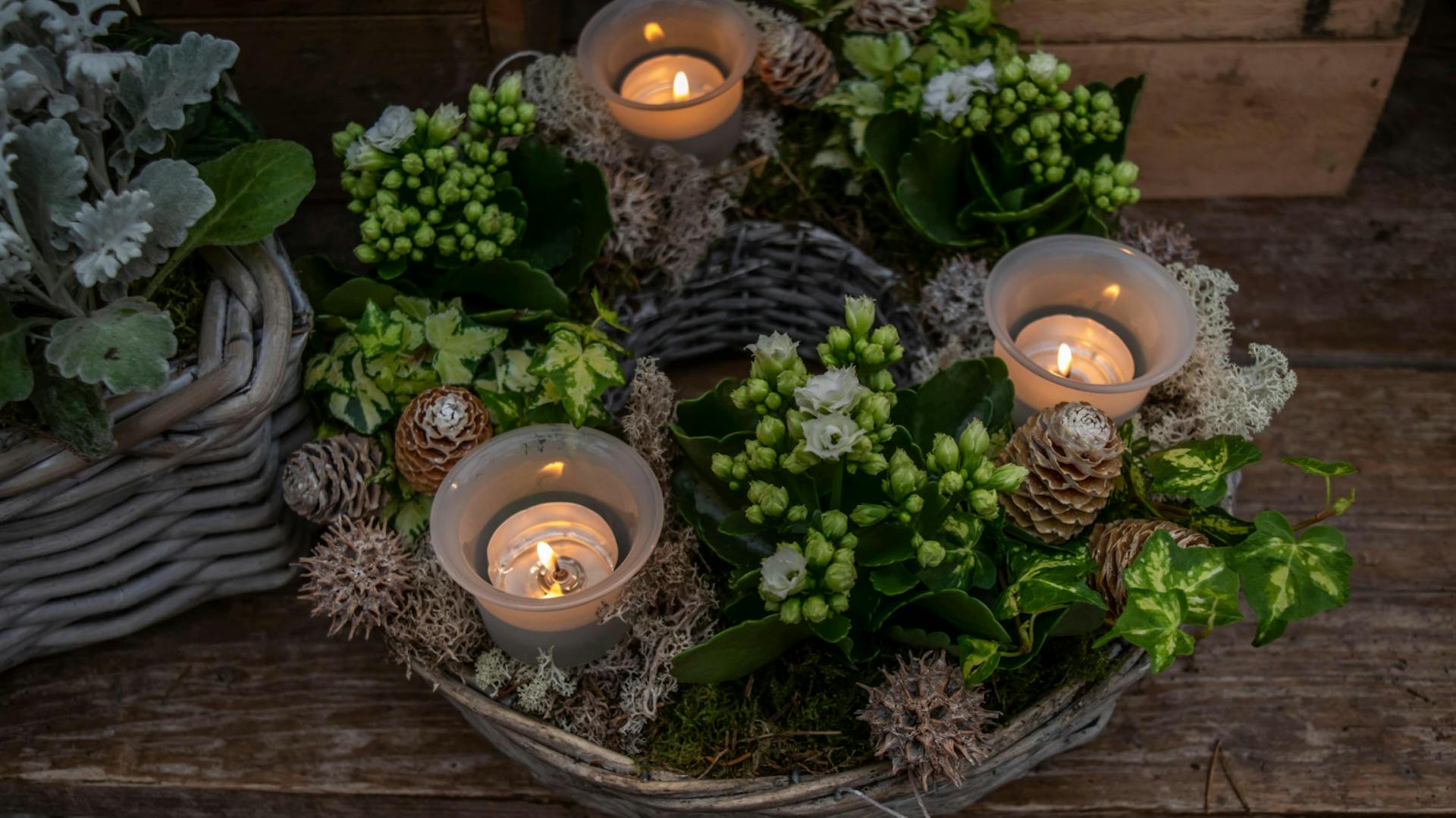 Composizione dell’Avvento con fiori freschi e candele scaldavivande