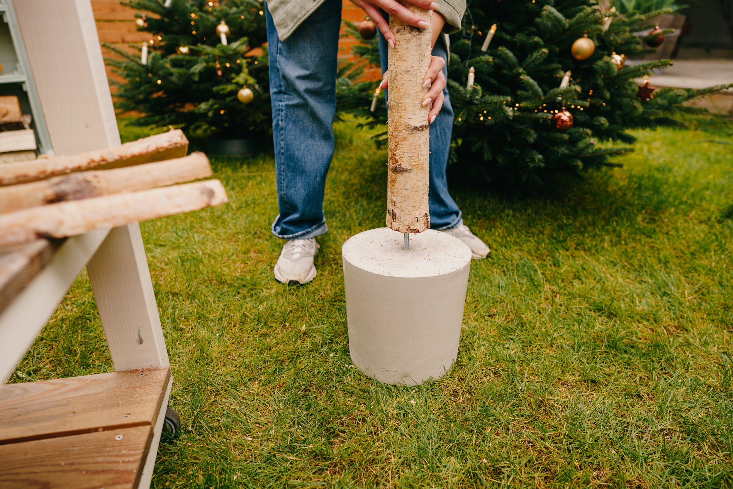 Pracovníčka zasúva brezový kmeň na betónový stojan.