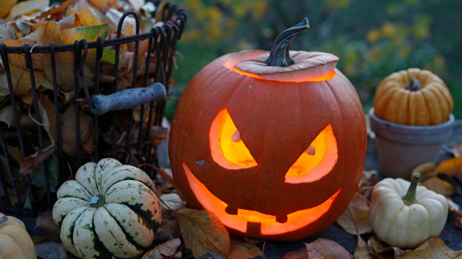 Halloween-Kürbis geschnitzt, beleuchtet mit Kerze