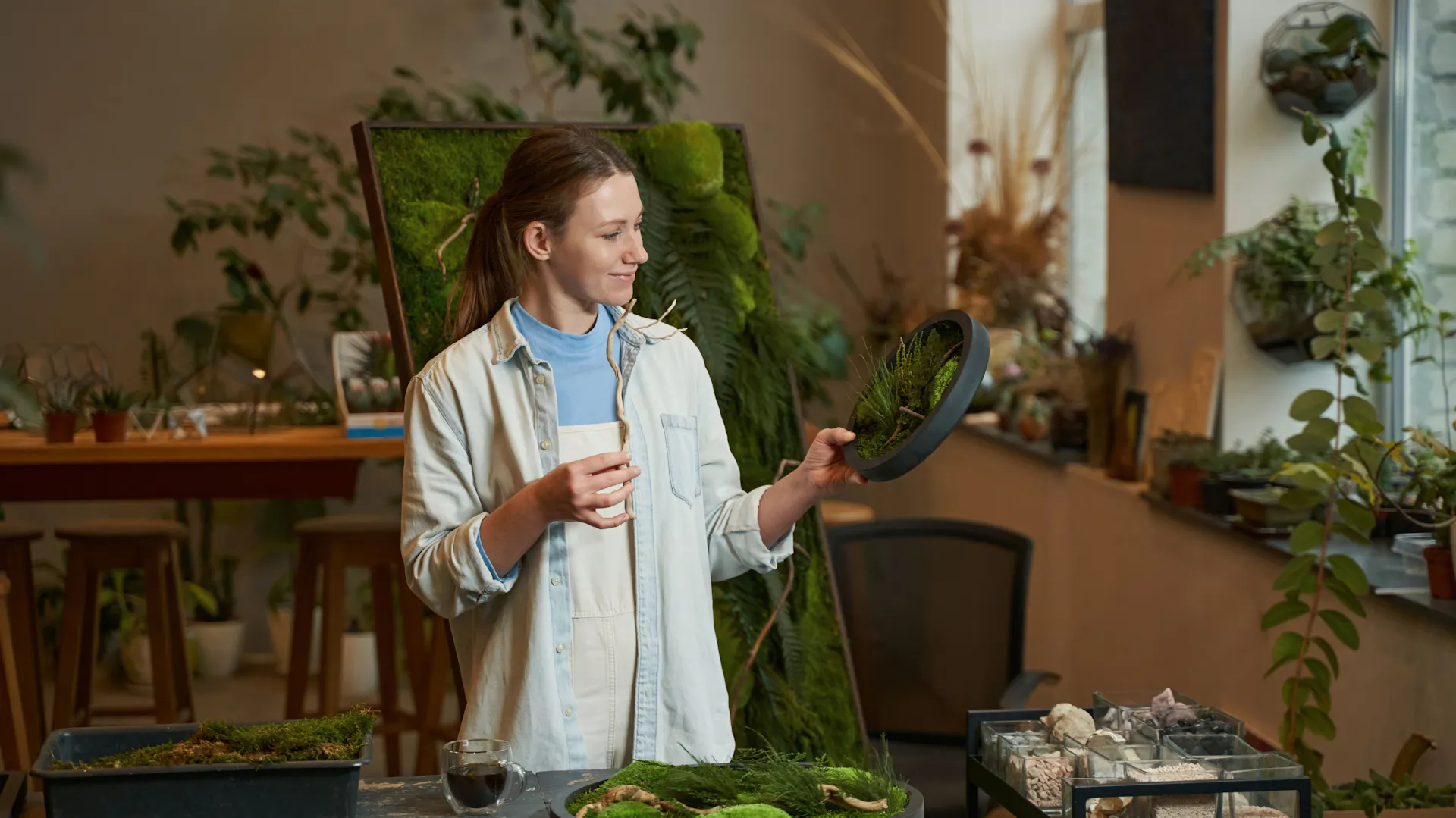 Mechový obraz ve čtvercovém rámu na tmavé stěně