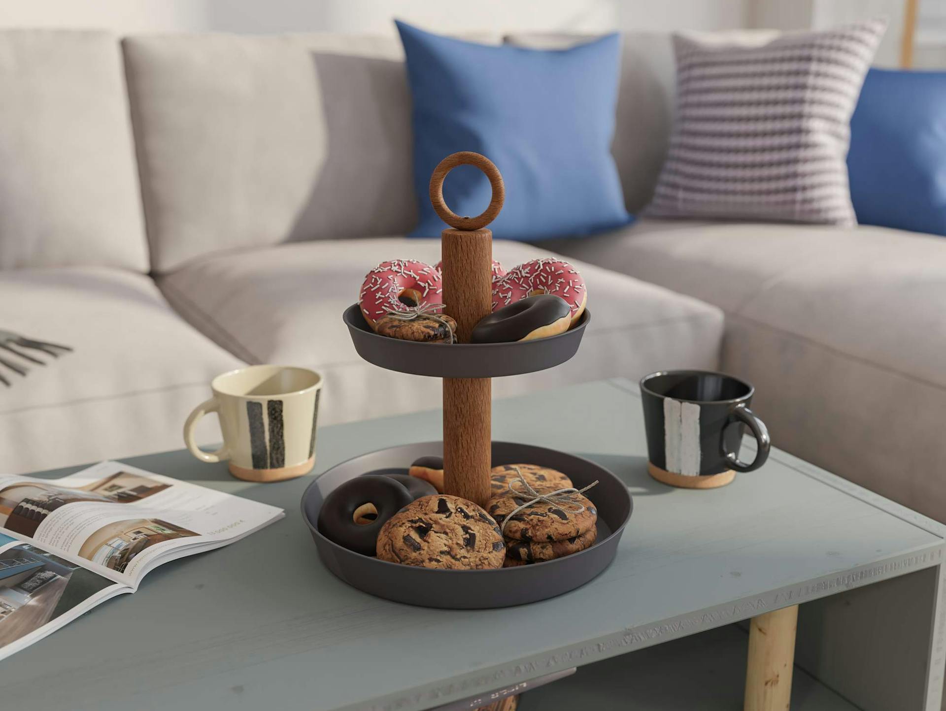 Tálalóállvány fánkokkal és süteményekkel.