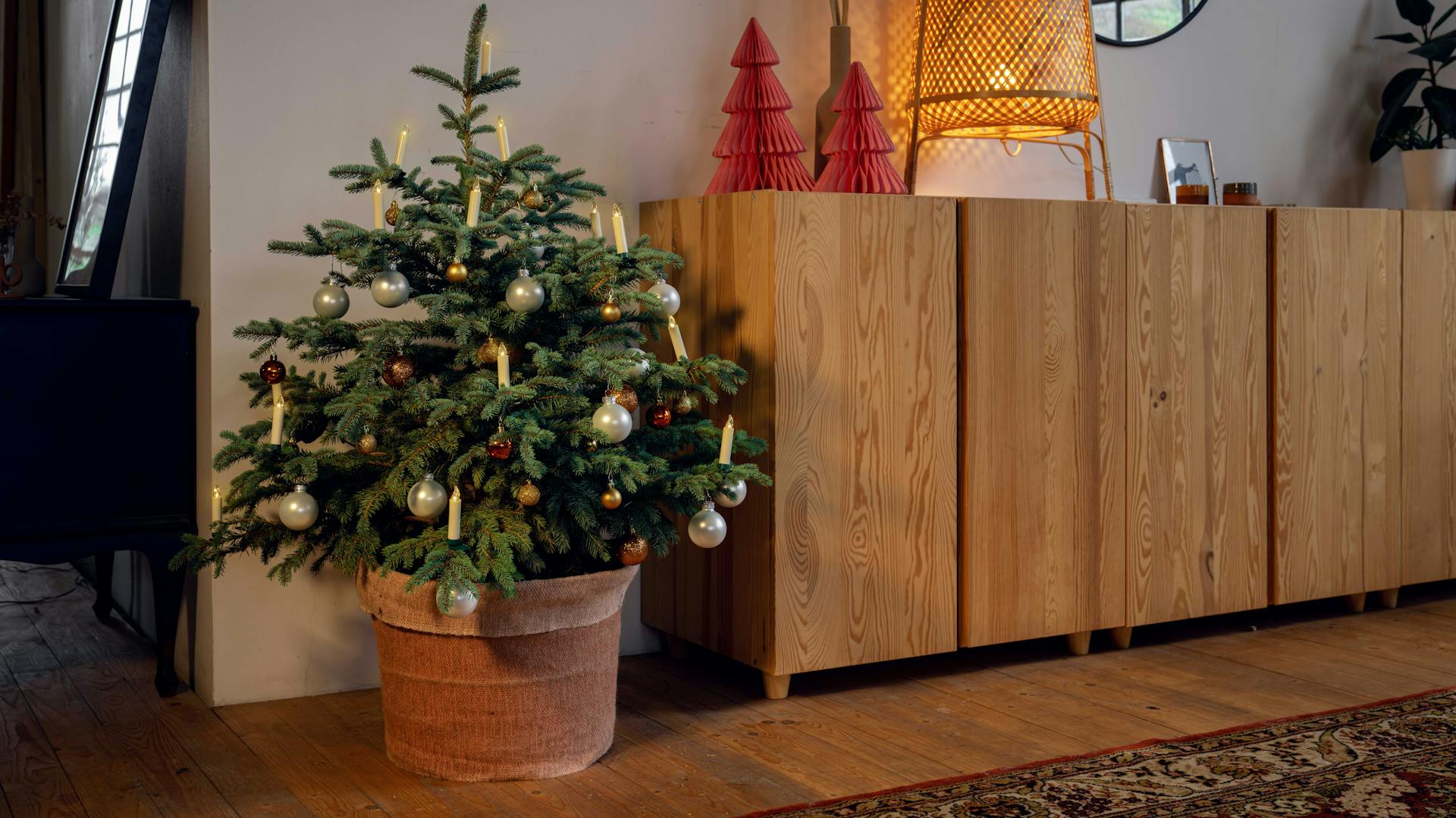 Díszített karácsonyfa cserépben a nappaliban