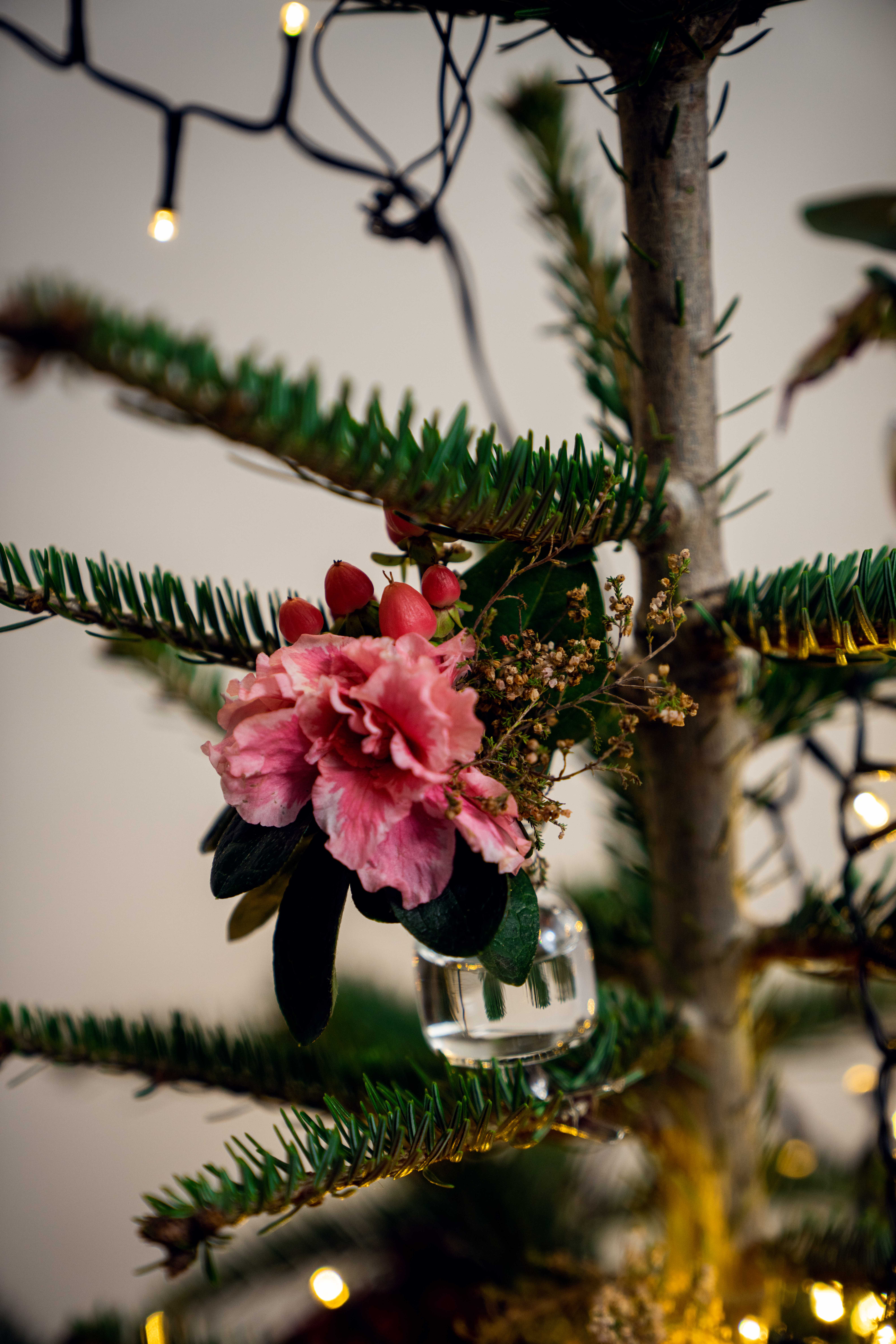 Addobbi per l’albero di Natale floreali pink da vicino