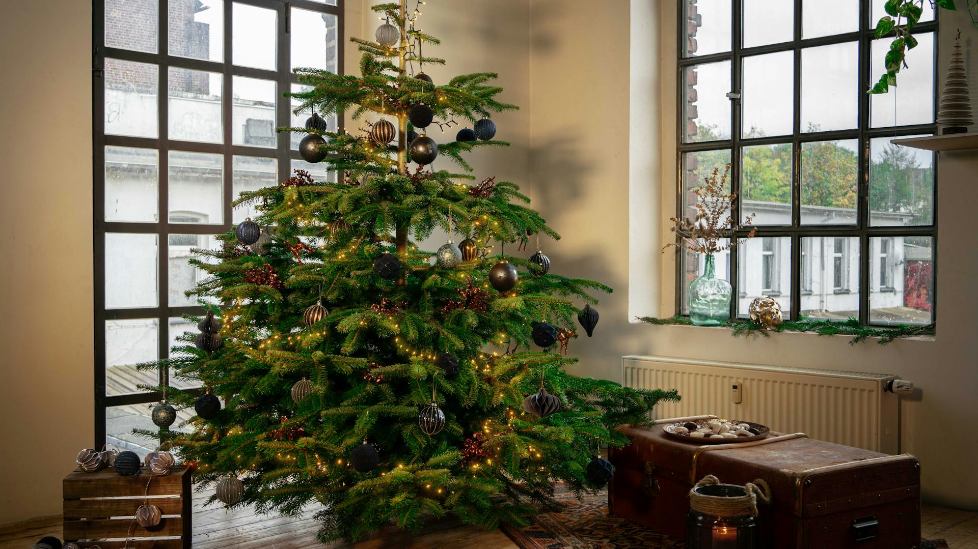 Elegante albero di Natale con palline blu davanti alla finestra
