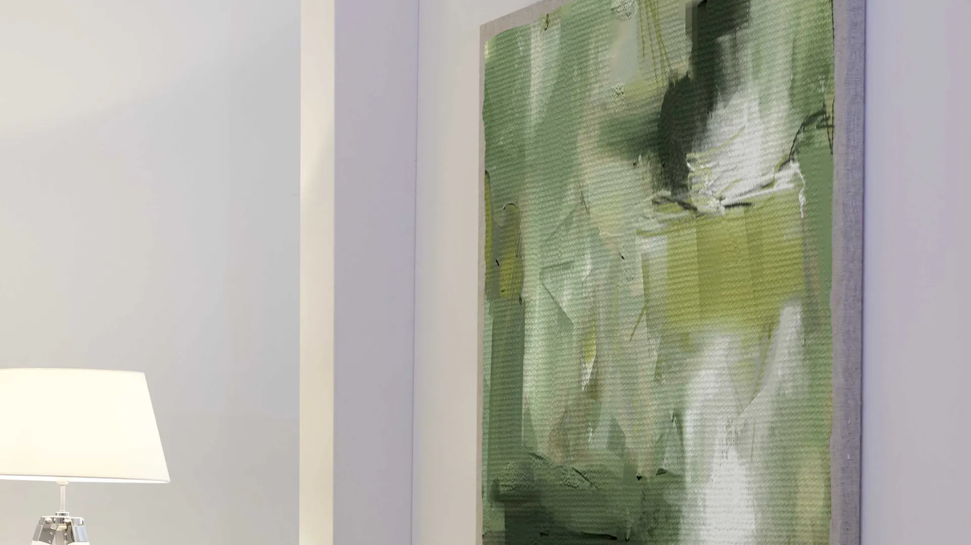 Decorazioni natalizie intorno all’albero di Natale con murale e cuscini decorativi dalle tonalità verdi