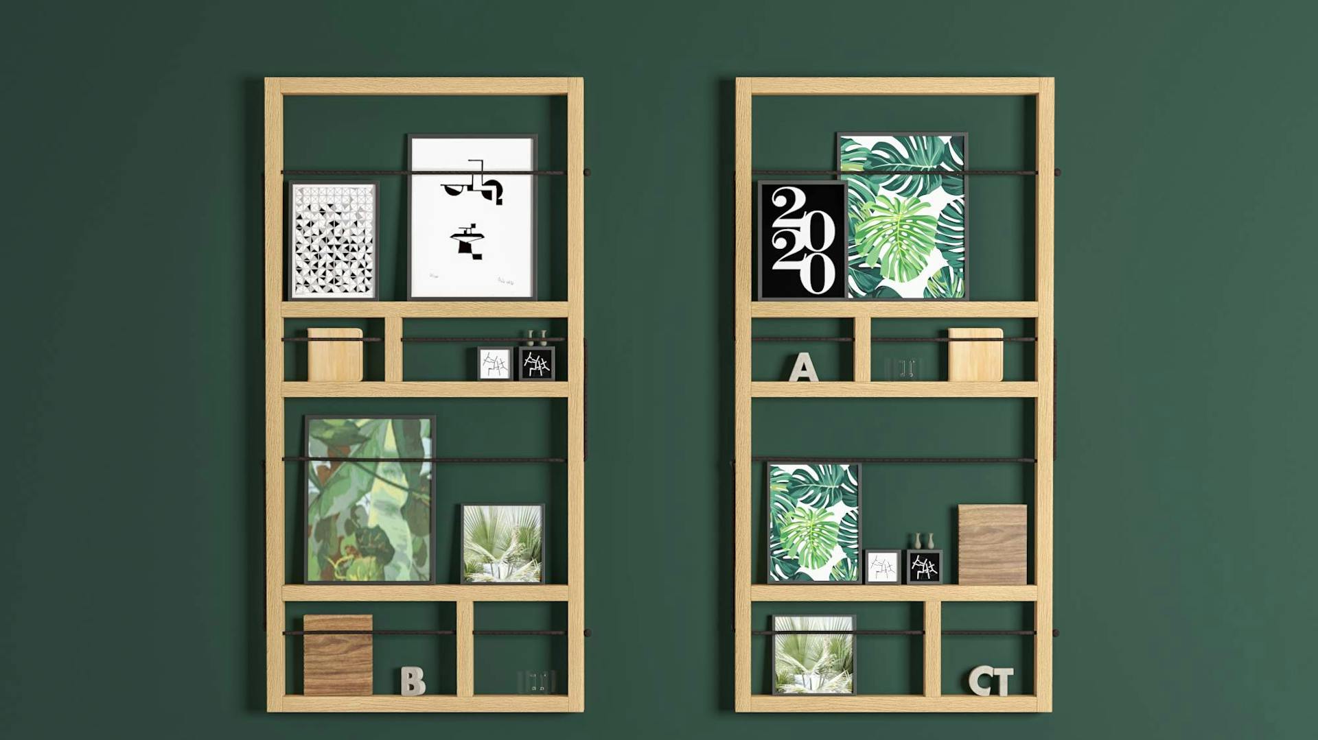 Fachwerk-Regal aus Holz vor grüner Wand