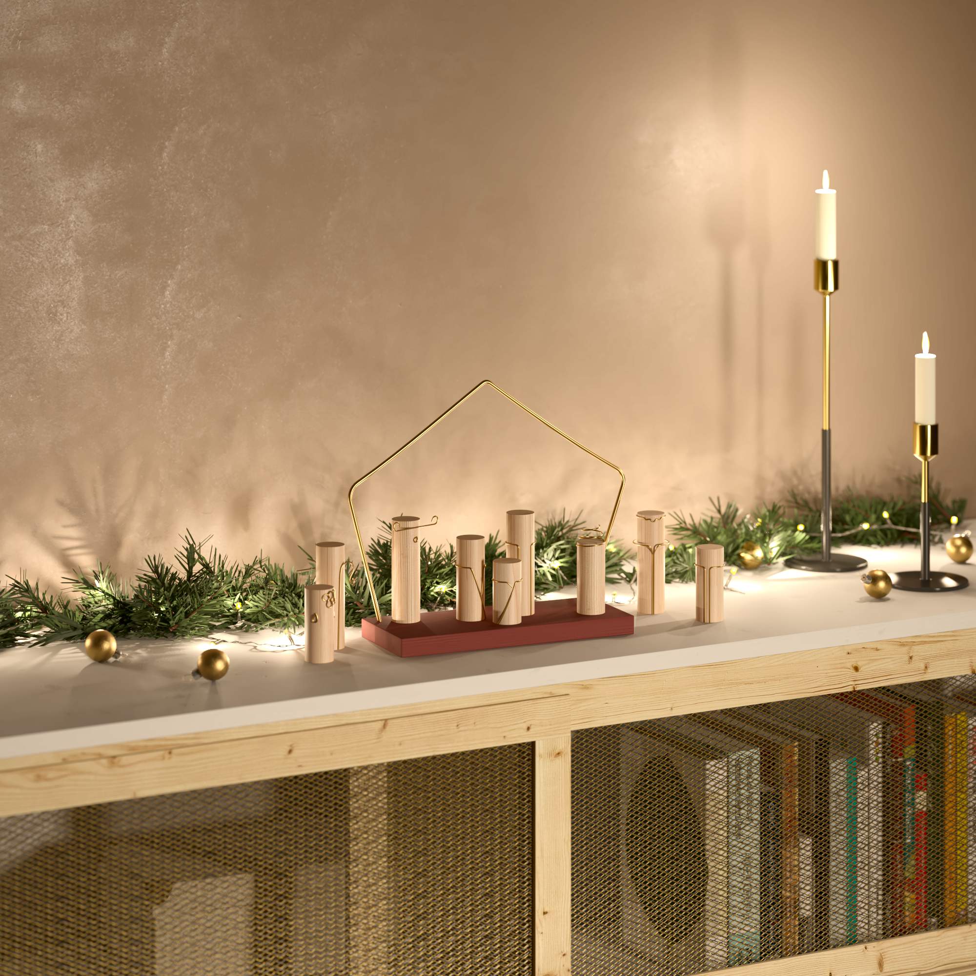 Presepe minimalista natalizio in legno e filo di ottone