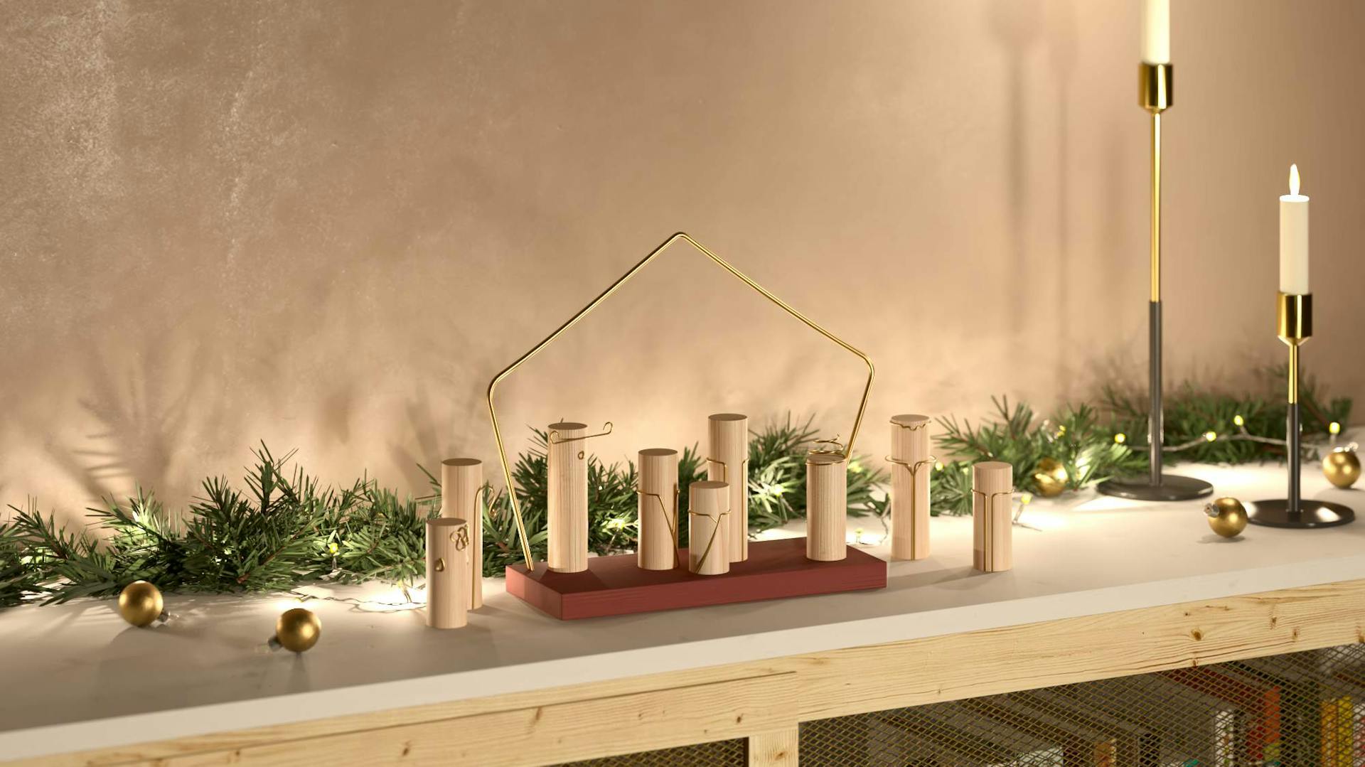 Minimalistische Krippe weihnachtlich aus Holz und Messingdraht