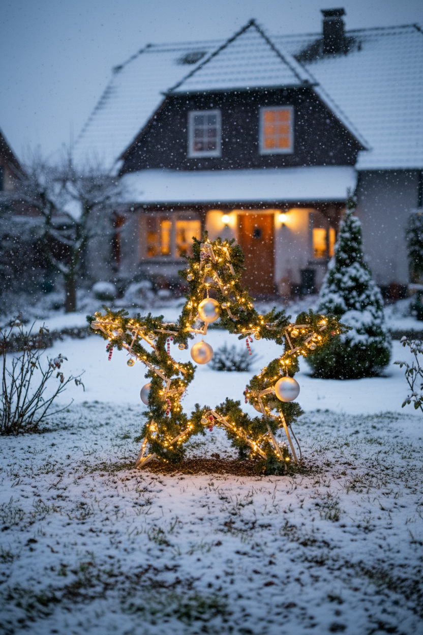 Egy XXL-es karácsonyi csillag áll fényfüzérrel és dekorációval egy havas előkertben