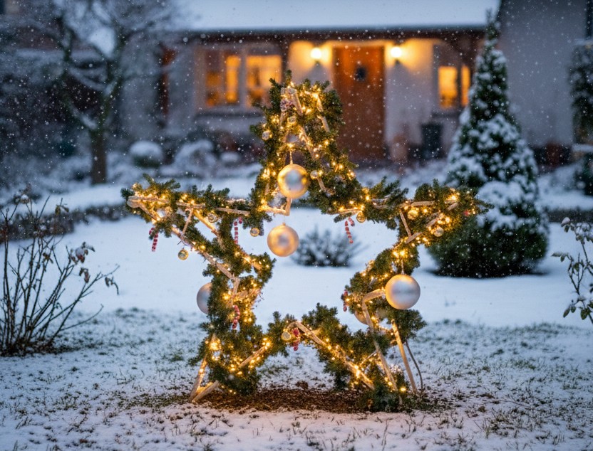 XXL Weihnachtsstern aus Holzböcken in einem Vorgarten