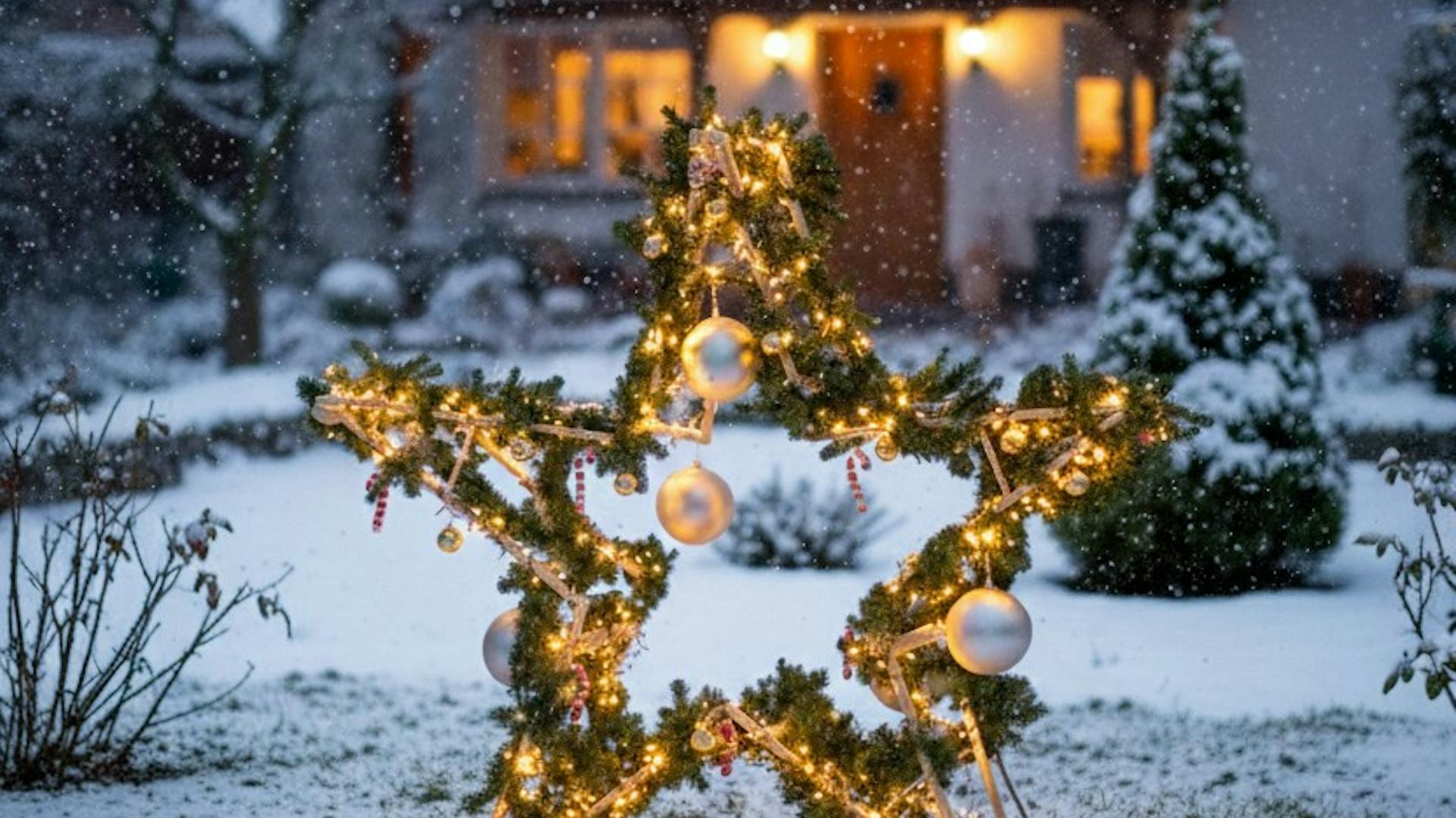 XXL Weihnachtsstern aus Holzböcken in einem Vorgarten