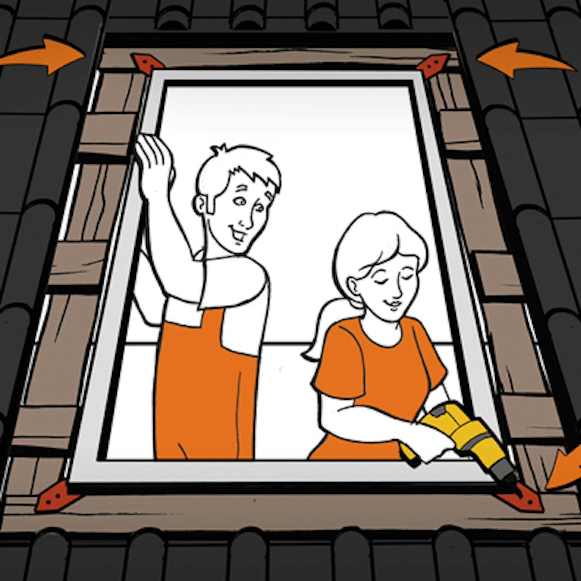 Heimwerker verschrauben Blendrahmen von Dachfenster an Dachstuhl.