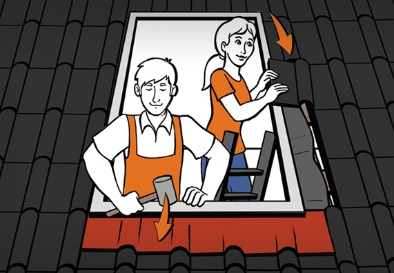 Heimwerker bringen Ziegel rund um Dachfenster an und befestigen Aluschürze.