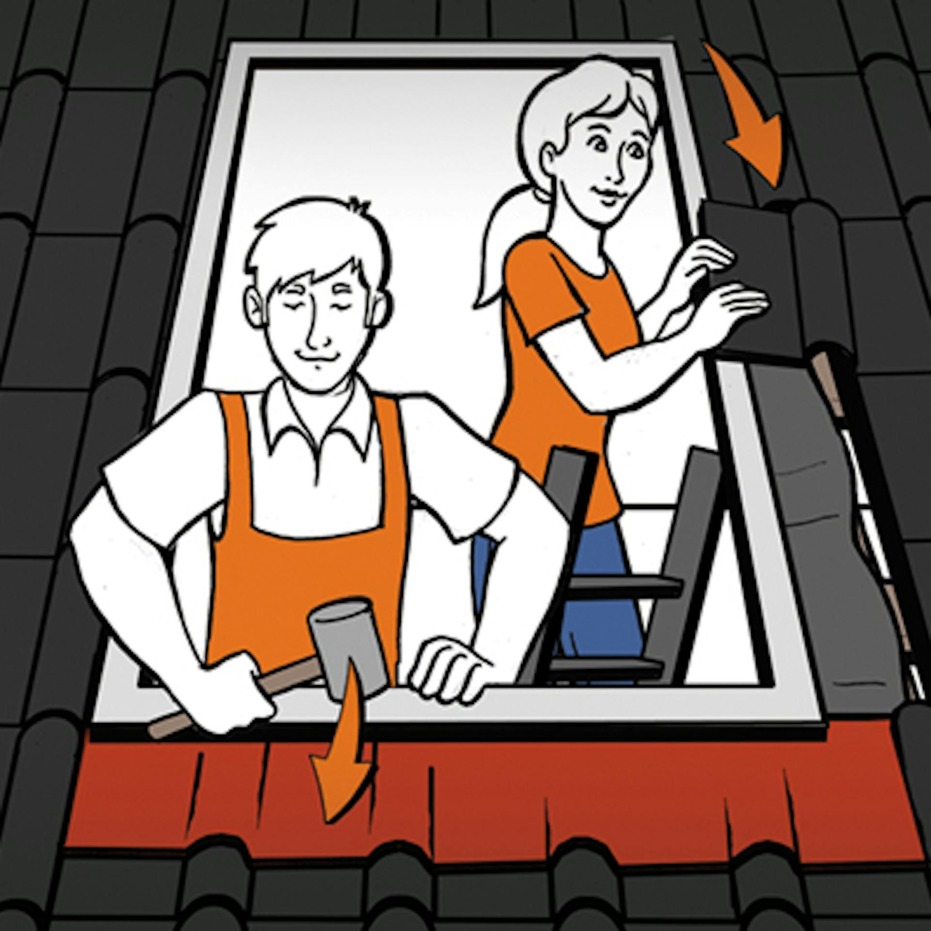 Heimwerker bringen Ziegel rund um Dachfenster an und befestigen Aluschürze.