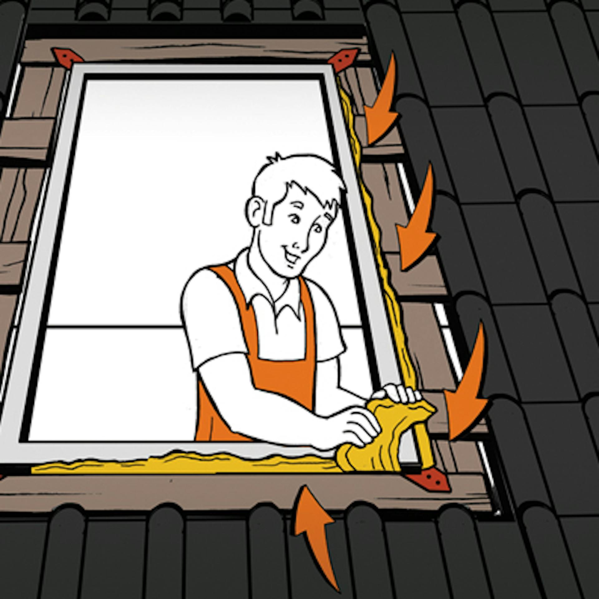 Heimwerker füllt Lücken zwischen Blendrahmen und Dachlatten mit Dämmwolle.