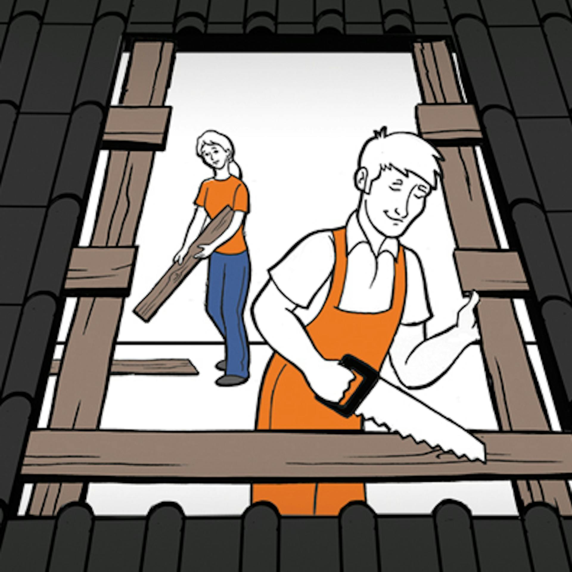 Heimwerker sägt Dachlatten aus Dachstuhl für Einbau von Dachfenster heraus.