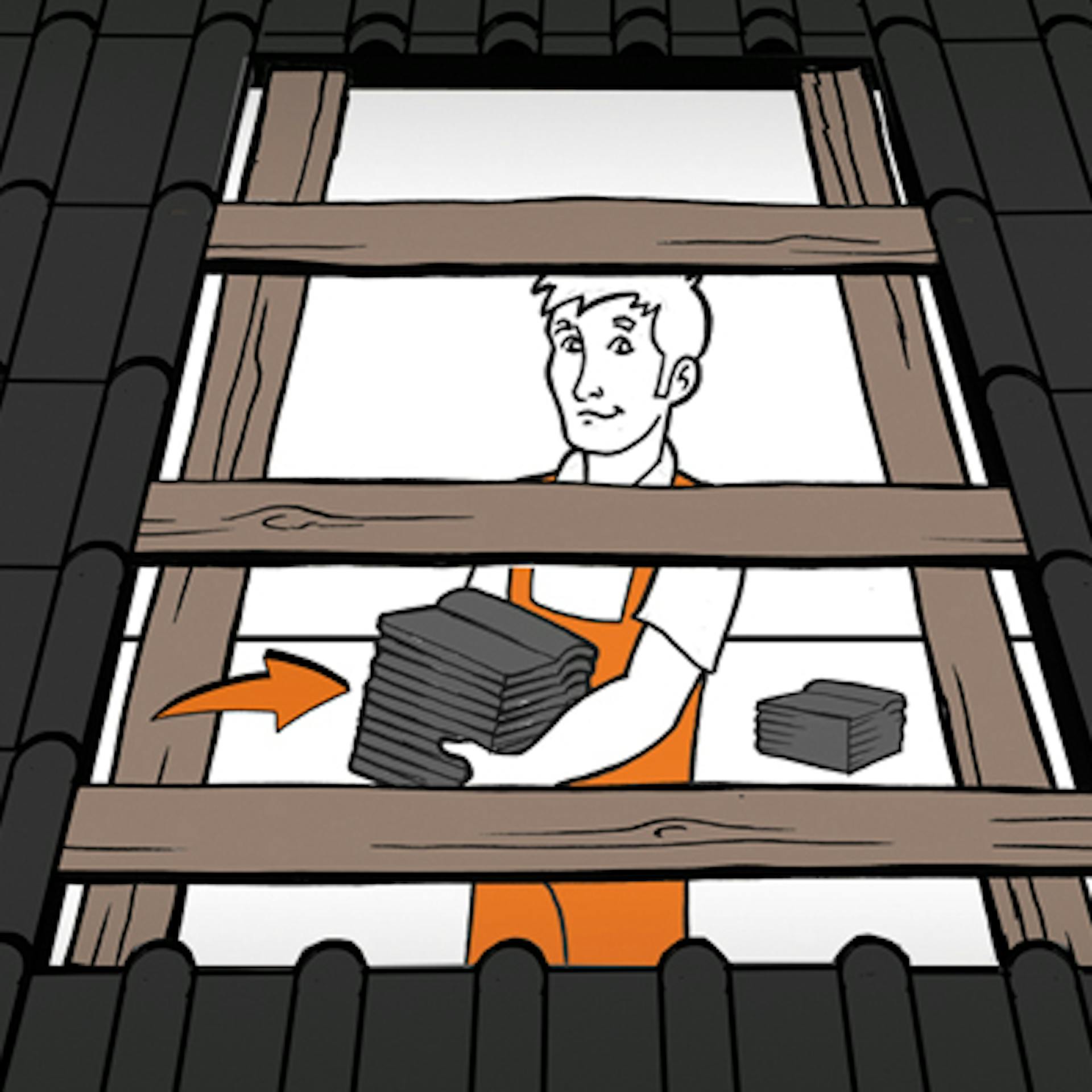 Heimwerker entfernt Dachziegel von rechteckiger Fläche im Dach.